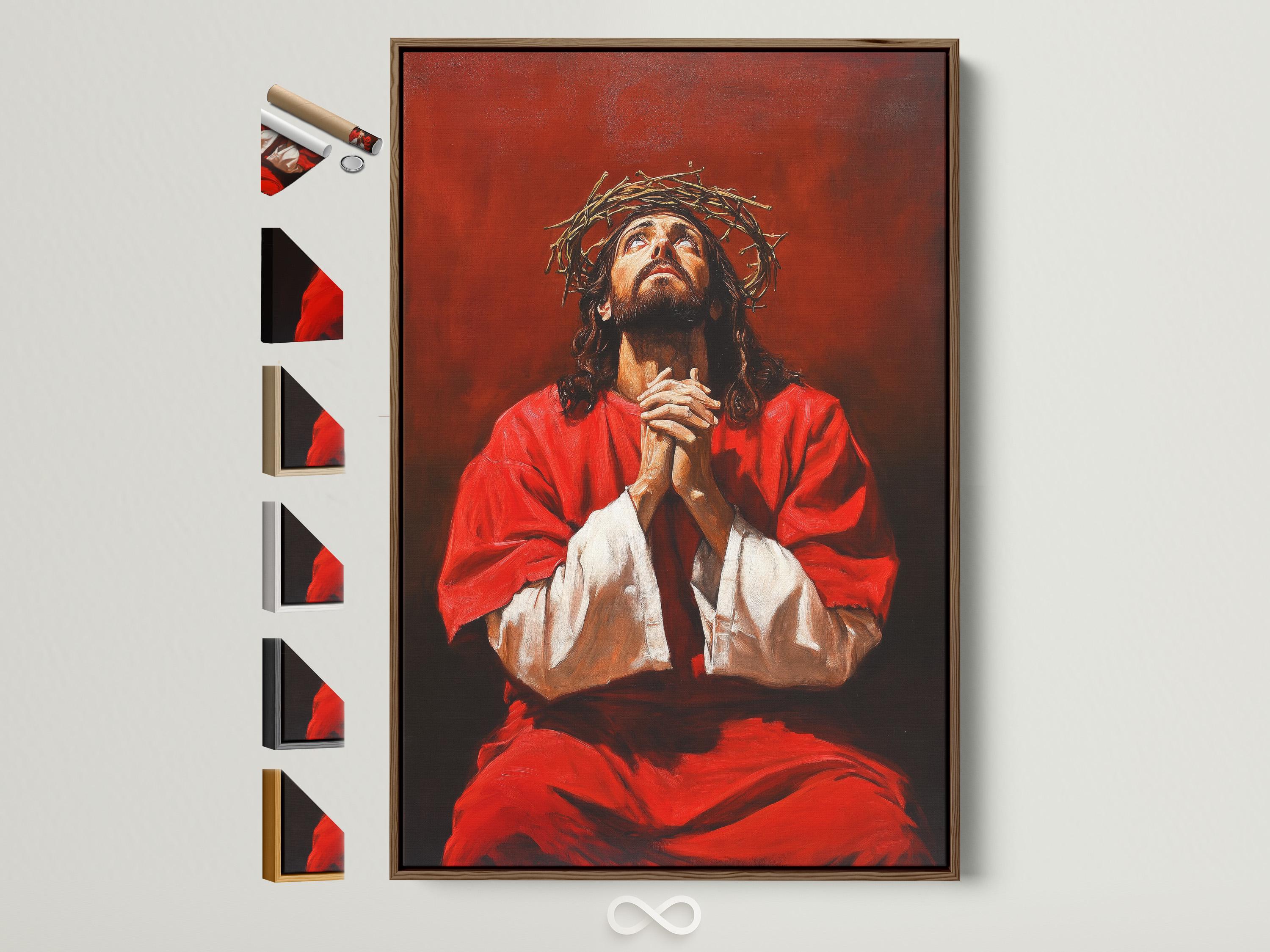 Painterly portrait of Jesus with a crown of thorns, red robe, and praying hands against a dark red-brown background