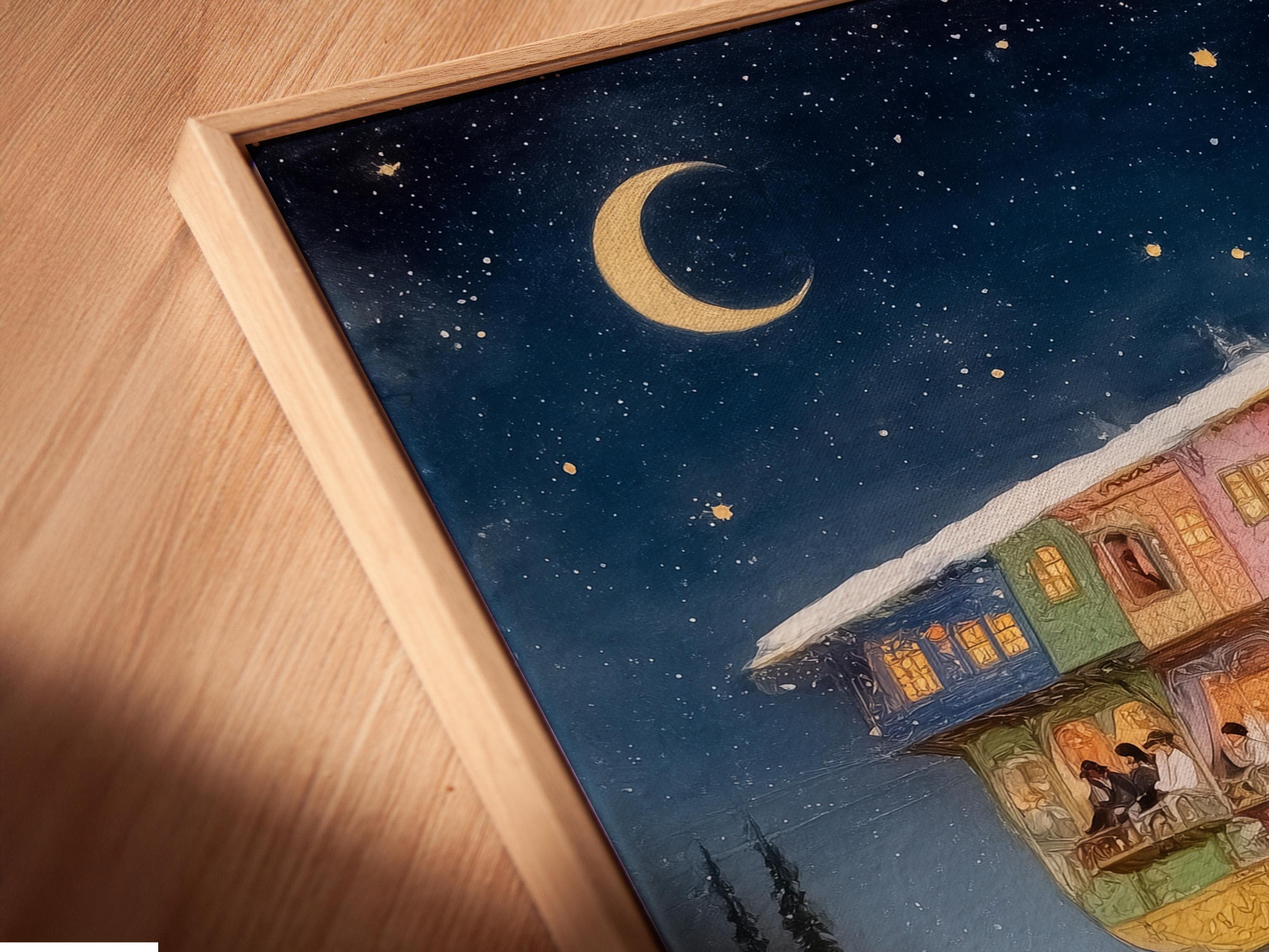 Floating house winter night scene with a large moon, starry sky, and snowy evergreen trees detail view