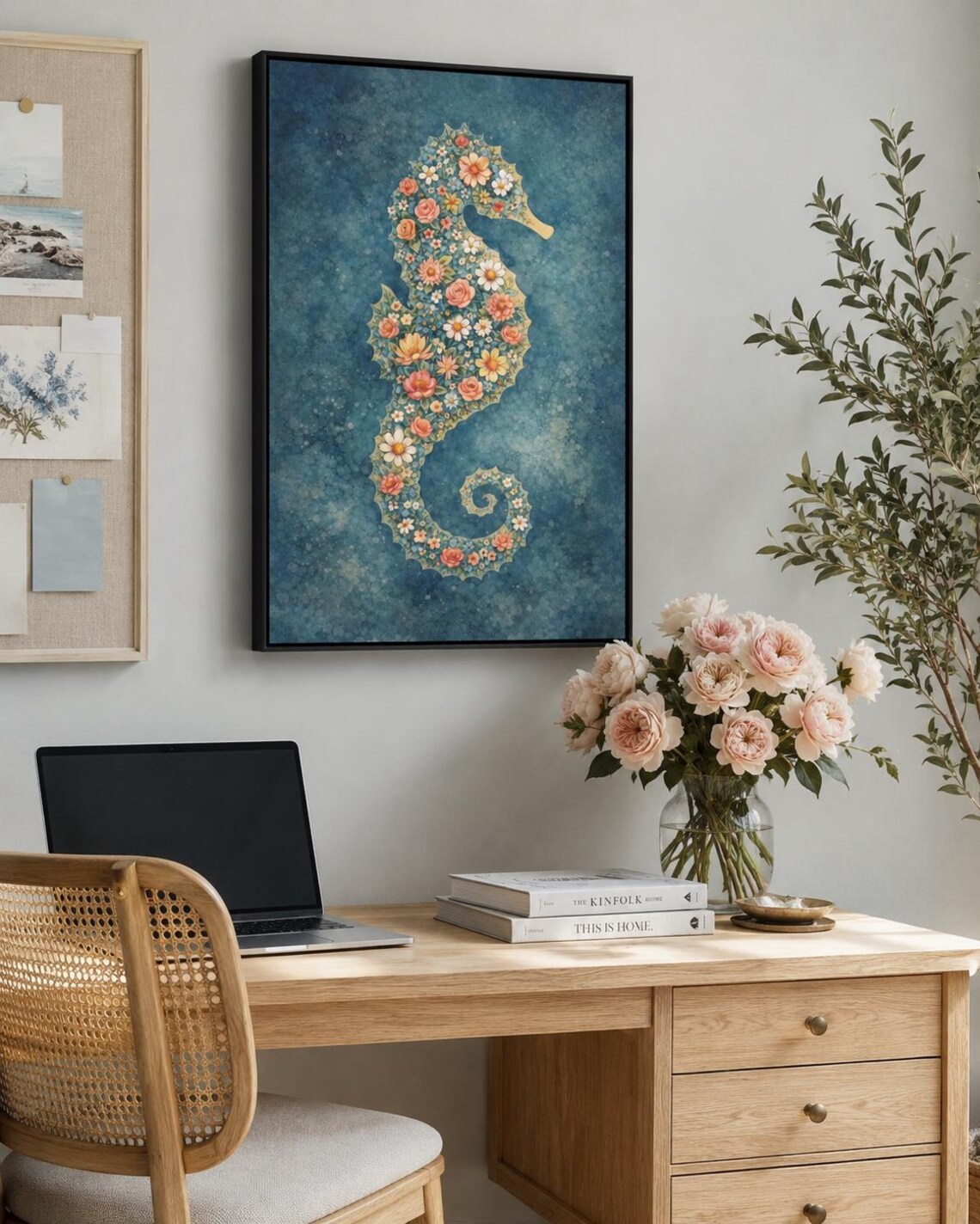 Room mockup showing a framed floral seahorse artwork above a sofa