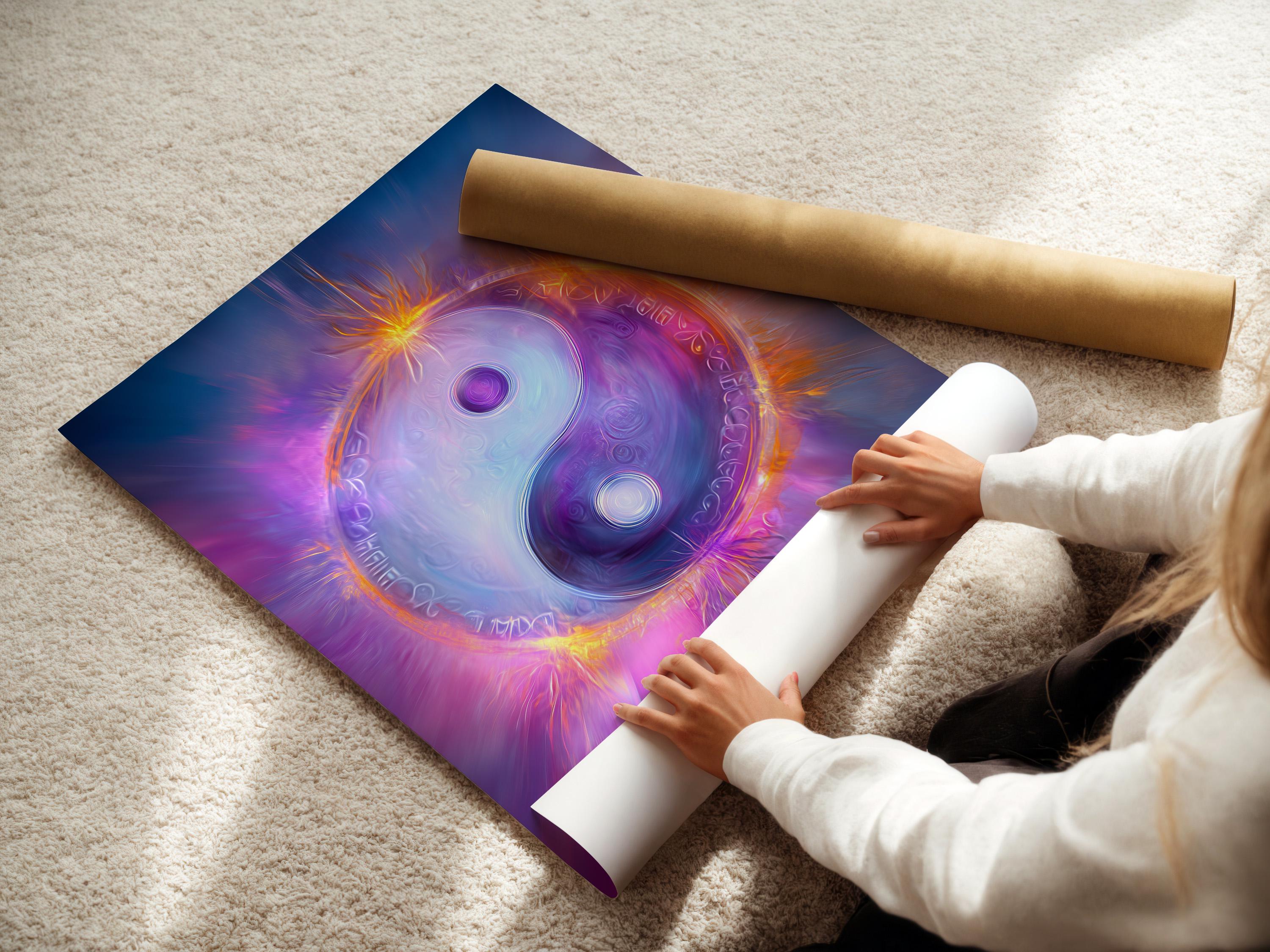 A cosmic yin-yang symbol glows in swirling purples and blues, framed by bright orange light rays and soft halo effects detail view