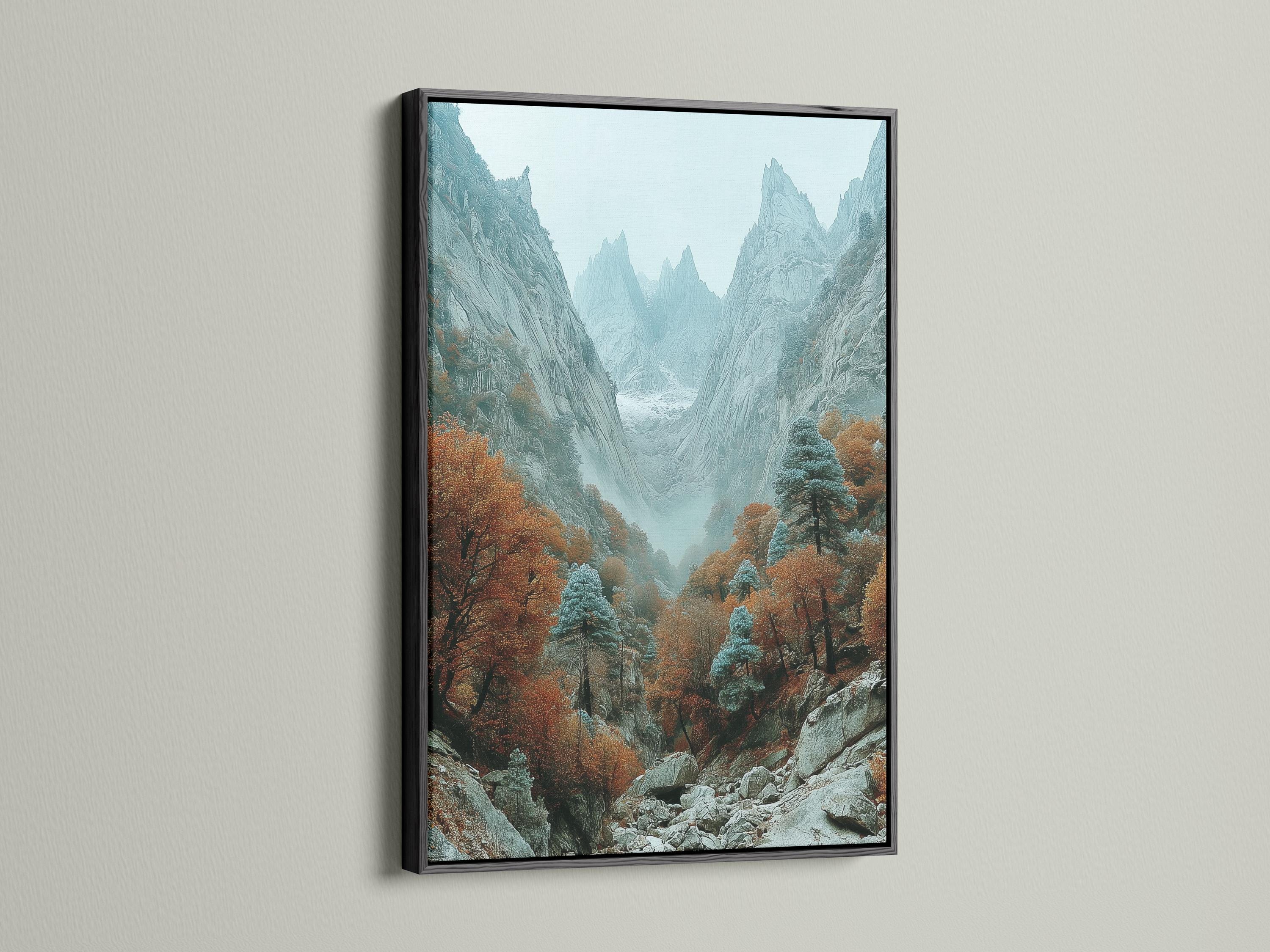 Misty mountain valley with rocky cliffs, autumn trees, and teal-grey peaks detail view