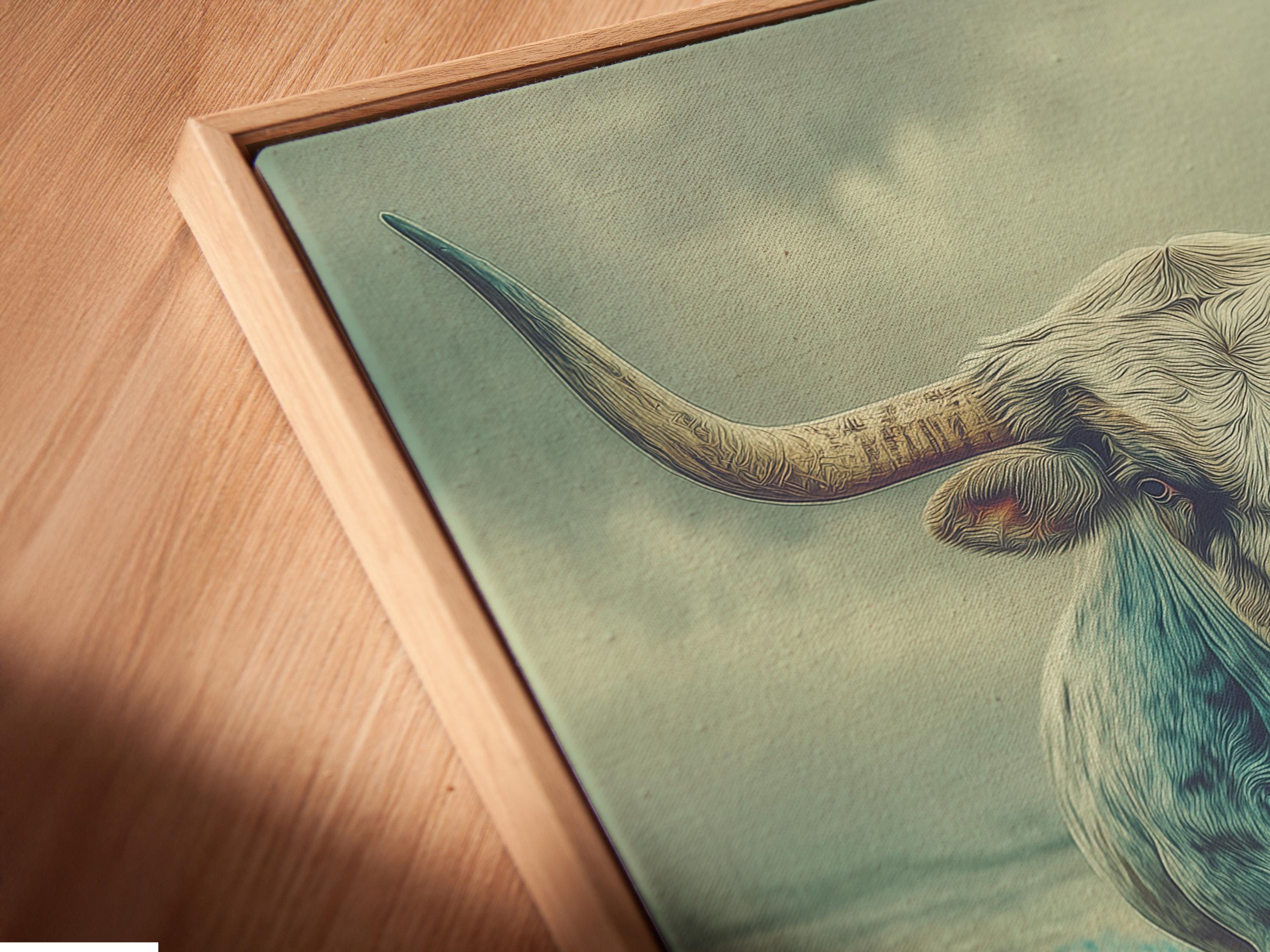 Longhorn bull standing in a blue flower field with a pale green-blue sky detail view