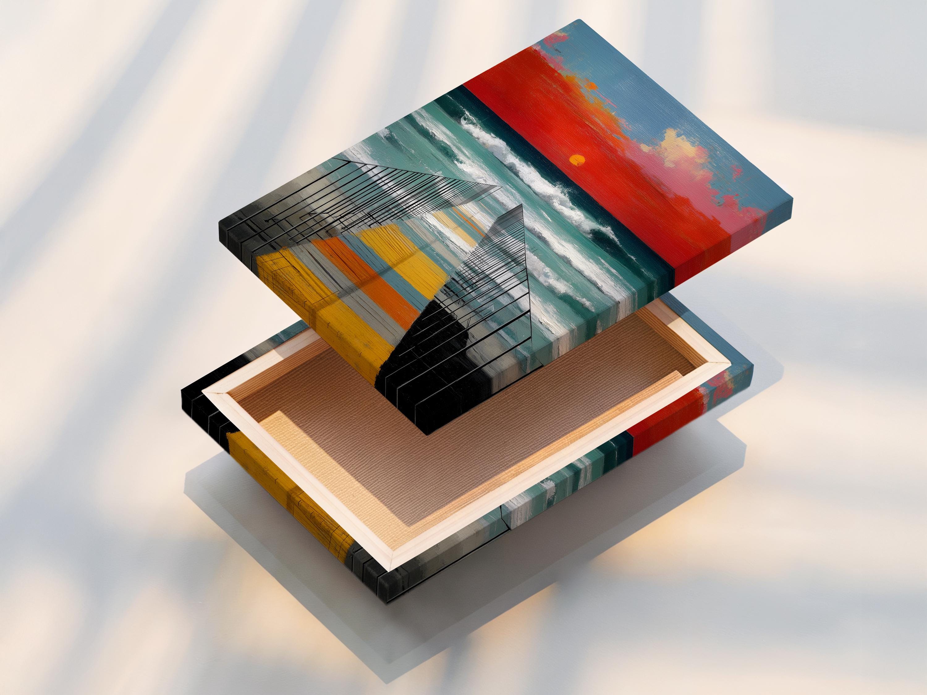 Sunset pier seascape wall art mockup on a light background with framed versions shown