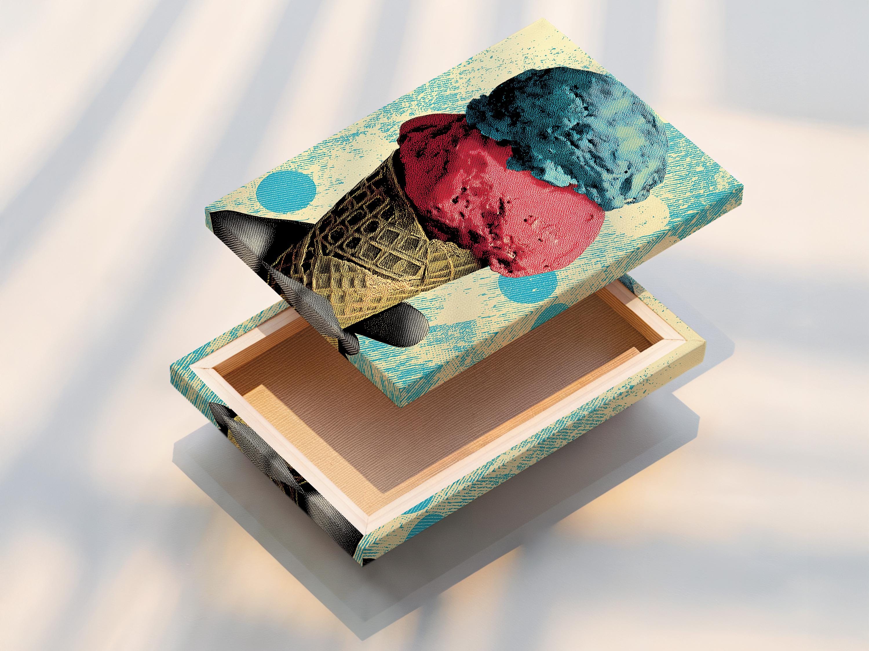 Pop-art ice cream cone illustration with turquoise and coral scoops and a patterned cone detail view