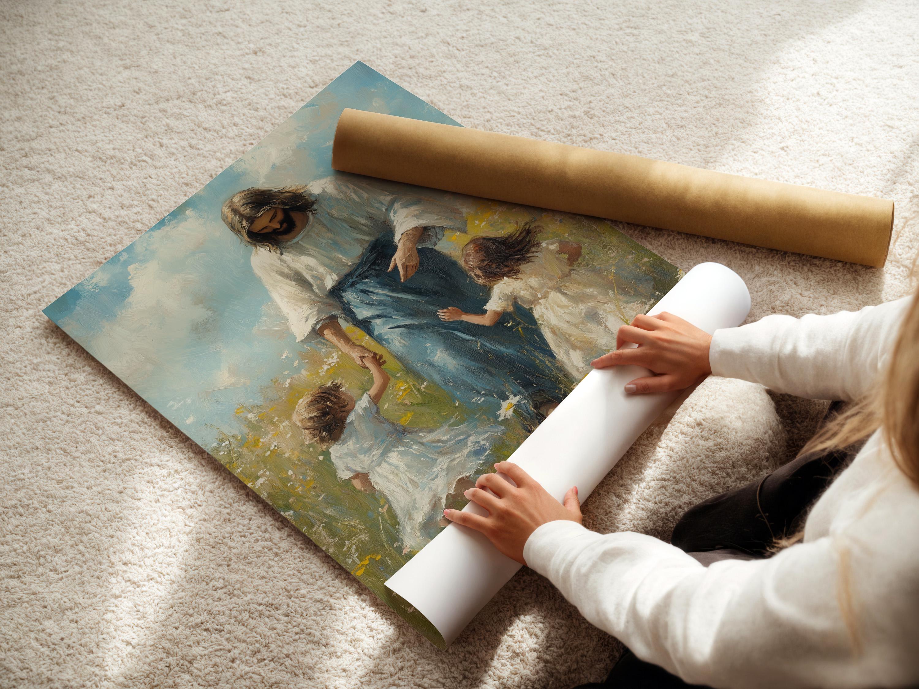 Religious meadow wall art mockup with an ornate frame on a light wall