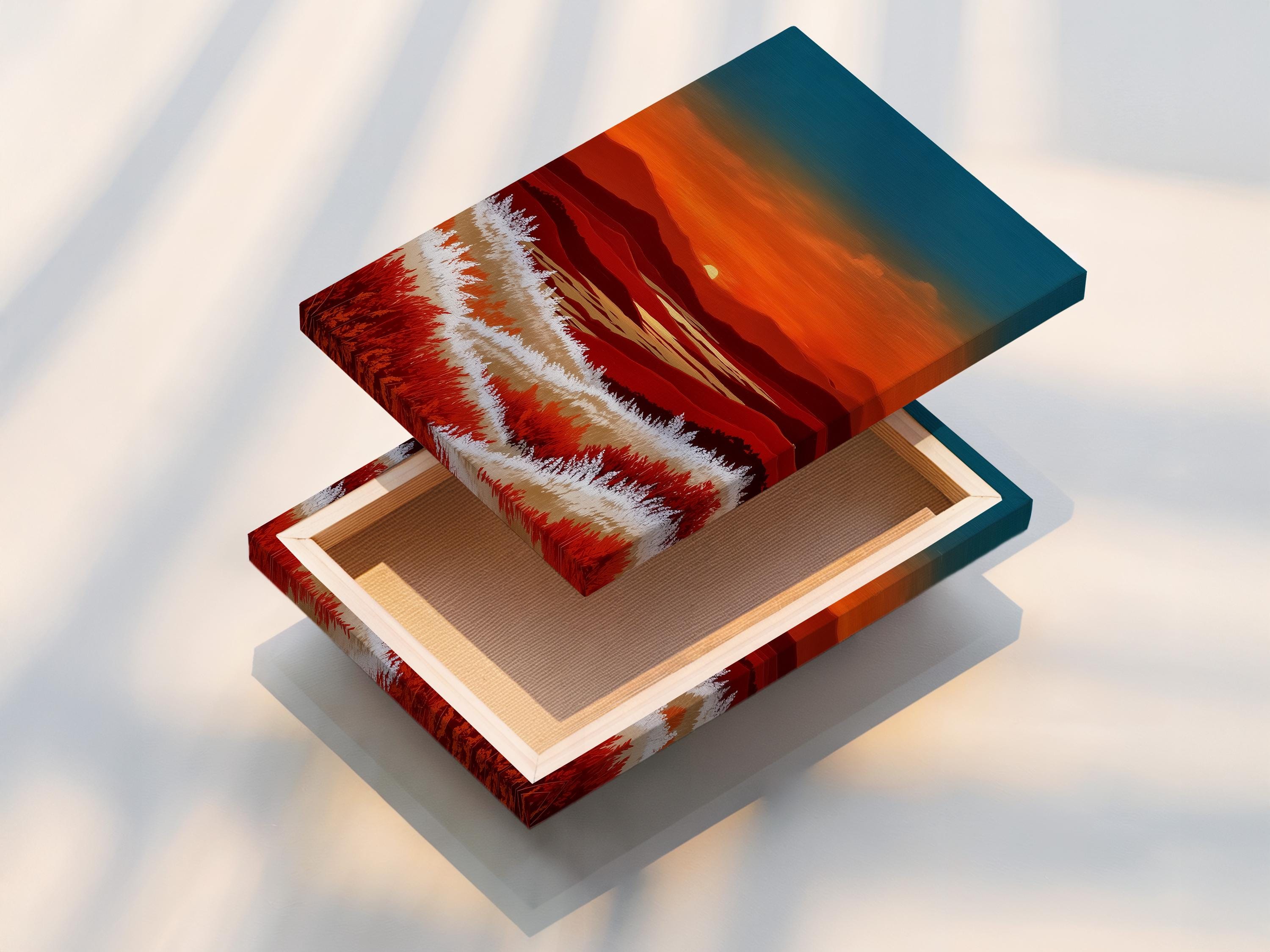 A stylised mountain sunset landscape shows layered ridgelines beneath a teal-blue sky and warm orange horizon, with bright white grass bands and red
