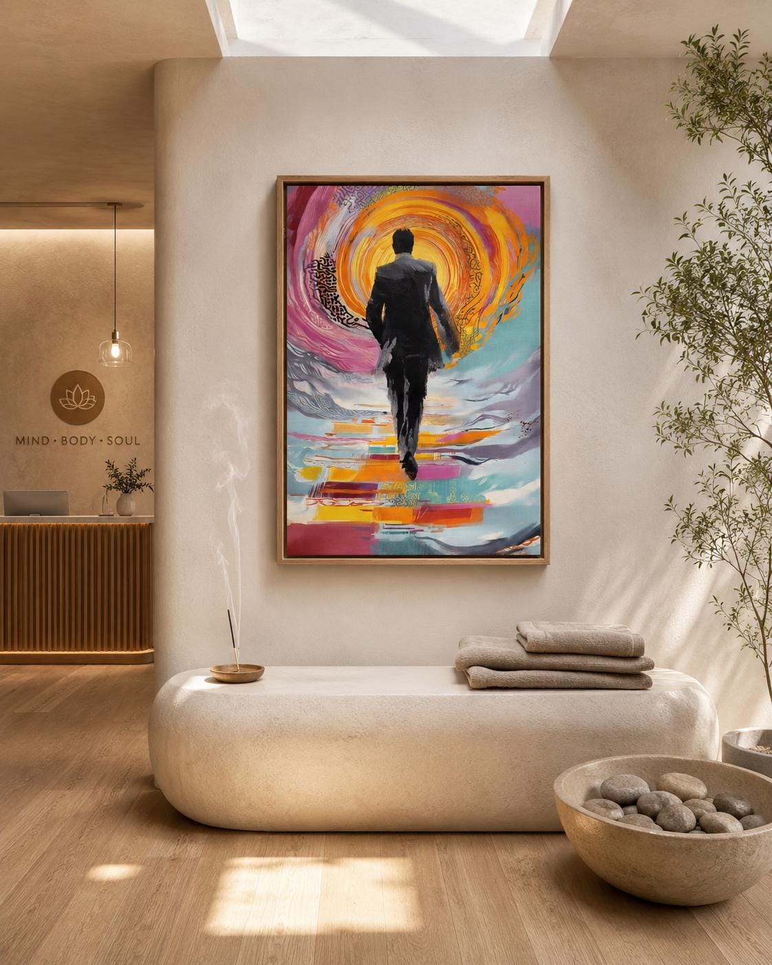 Person seated in a living room with a framed abstract man silhouette artwork on the wall