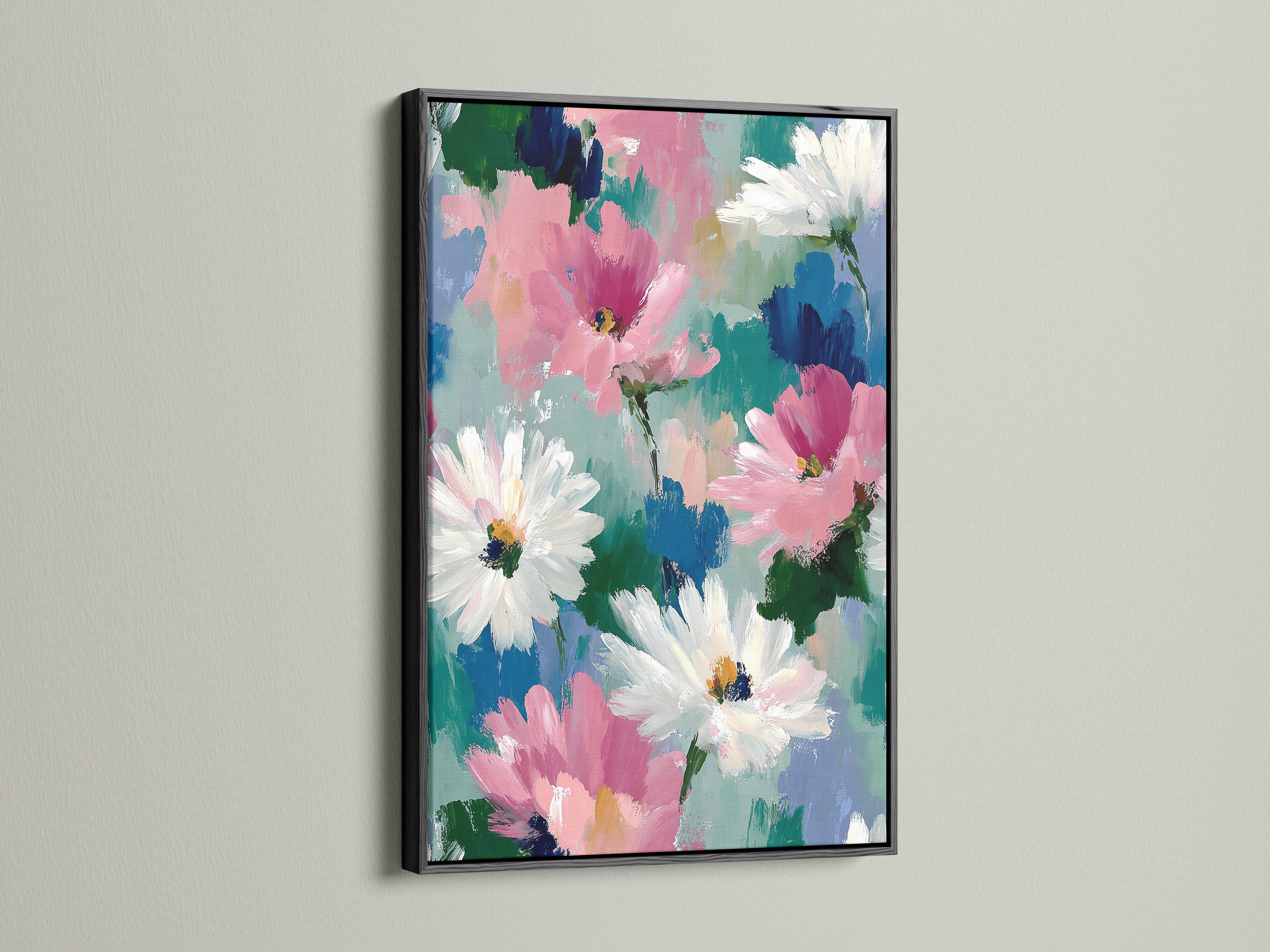 Abstract floral painting with pink and white daisy-like flowers, teal and blue background, and green stems detail view
