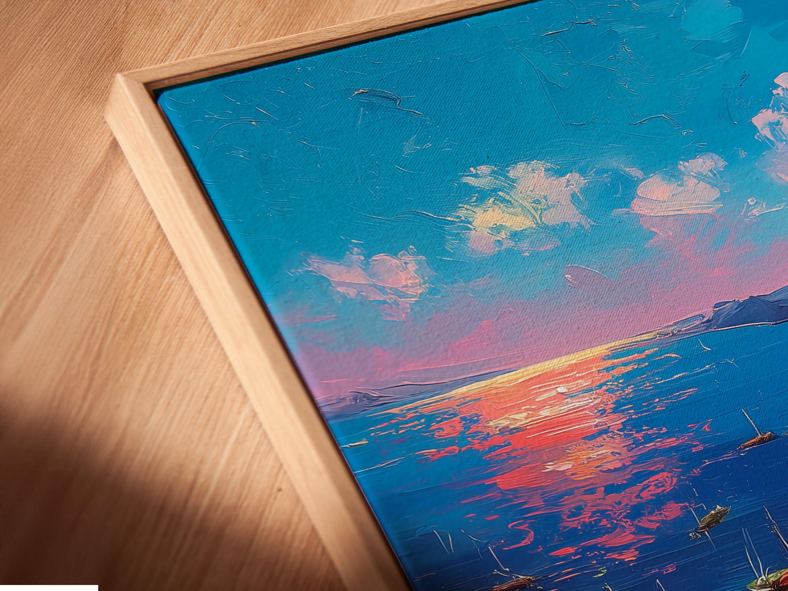 Painterly harbour village with turquoise sea, sailboats, white buildings and red-orange facade under a blue to pink sky detail view