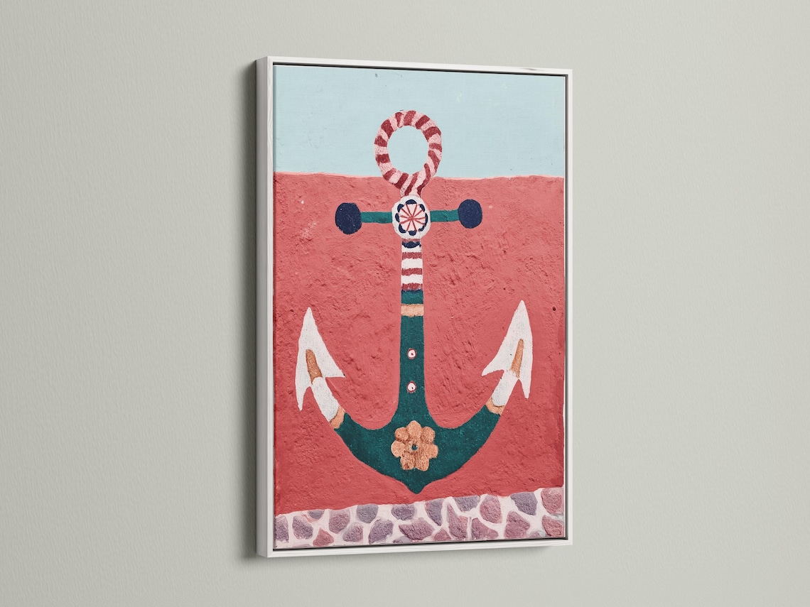 Illustrated nautical anchor with a red-and-white lifebuoy ring on a textured red background detail view