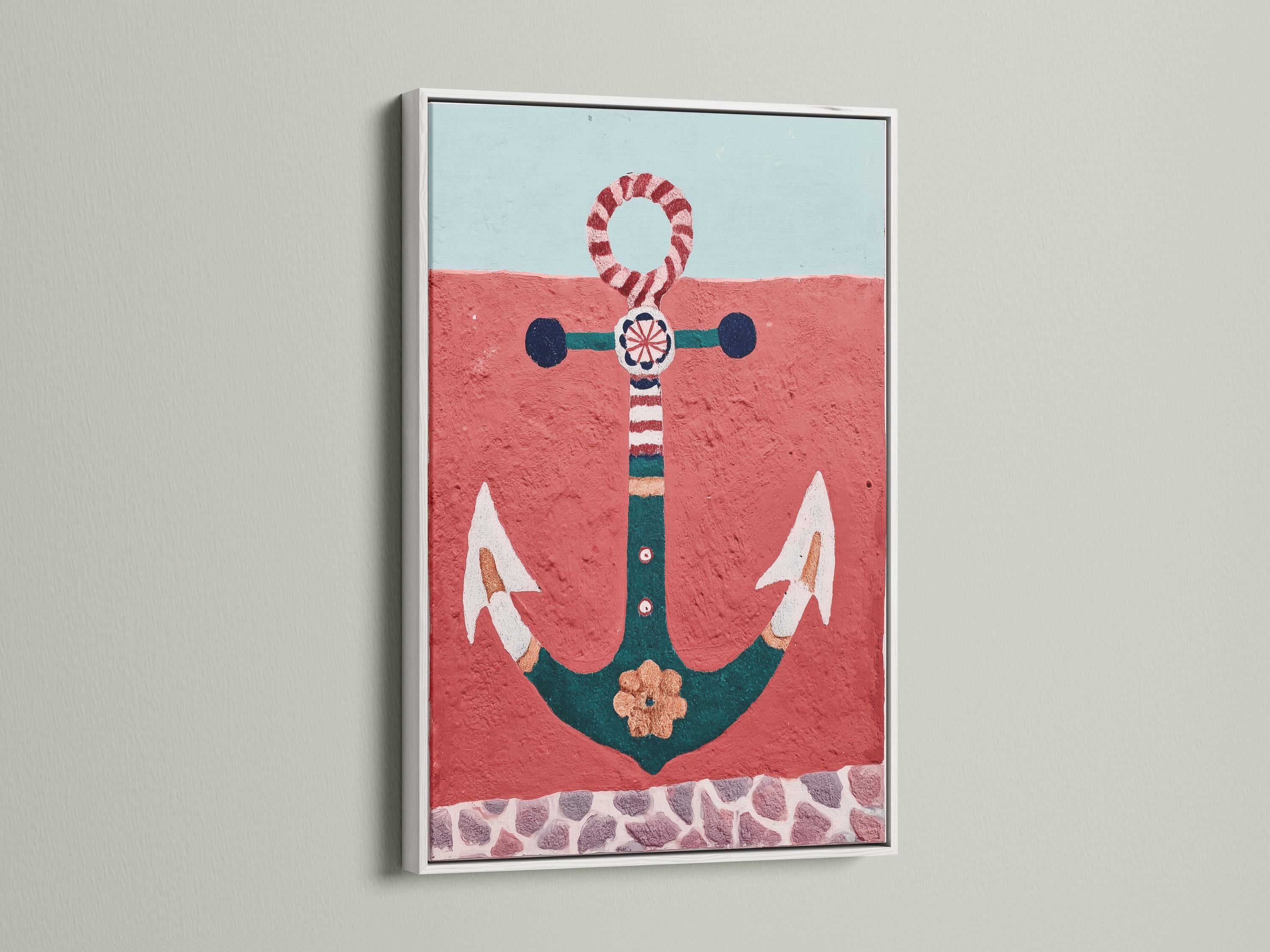 Illustrated nautical anchor with a red-and-white lifebuoy ring on a textured red background detail view