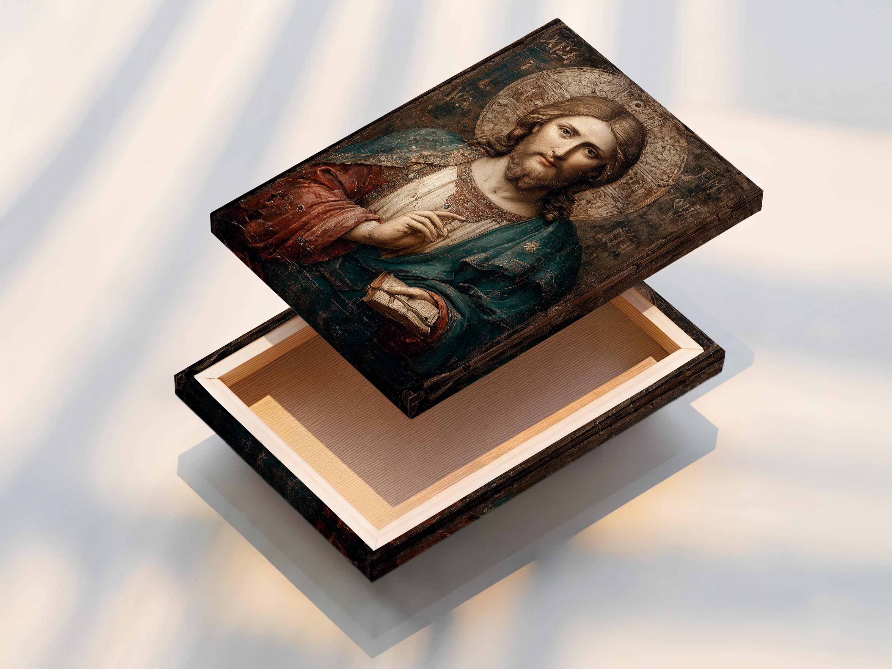 Mockup showing framed antique Jesus portrait on a wall with rolled art and other frames nearby