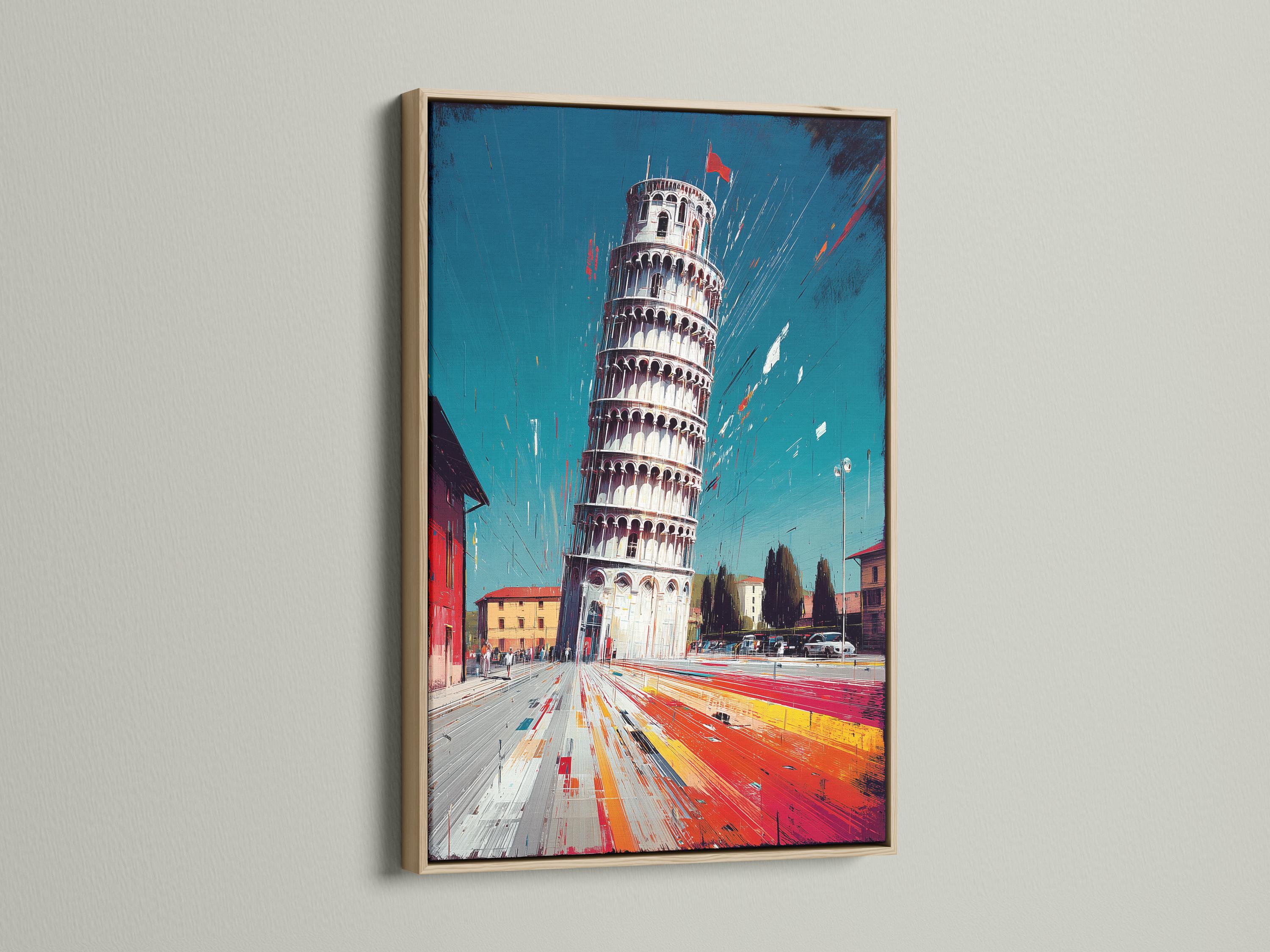 Stylised leaning tower above a teal sky with red, orange and yellow streaked city street detail view