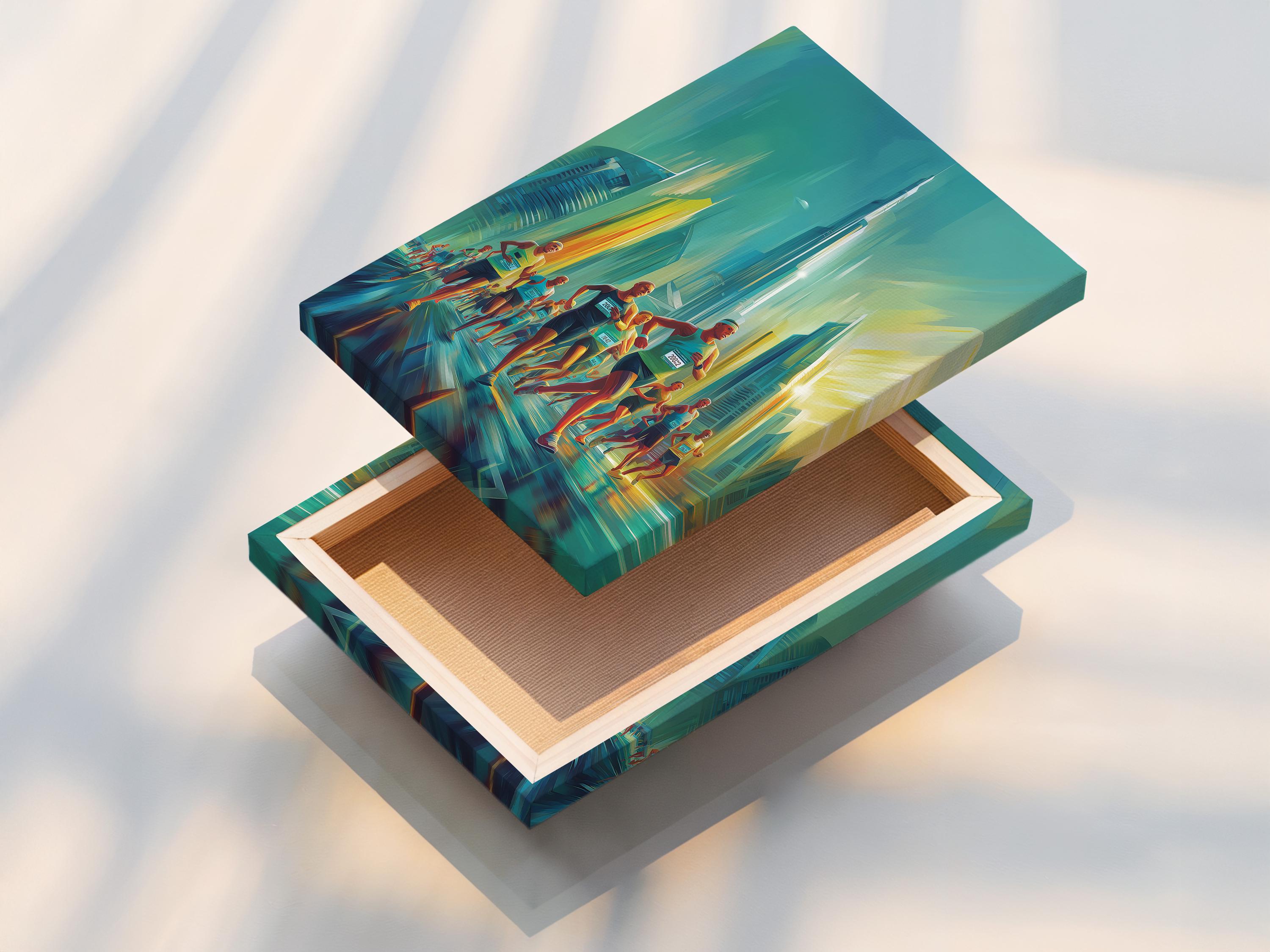 Teal urban marathon scene with runners in motion and a hazy city skyline detail view