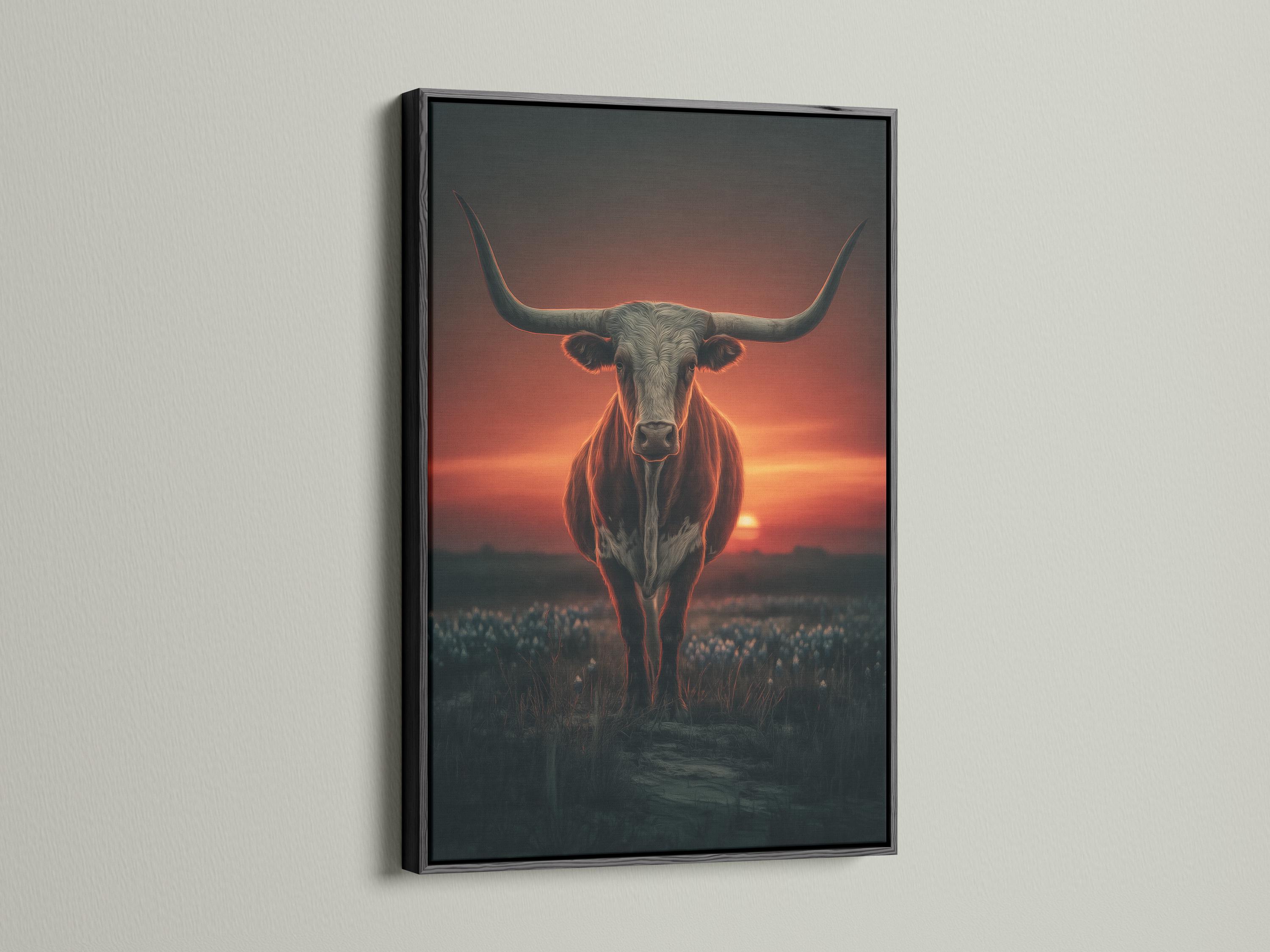 Room mockup showing a framed longhorn bull artwork with a sunset background