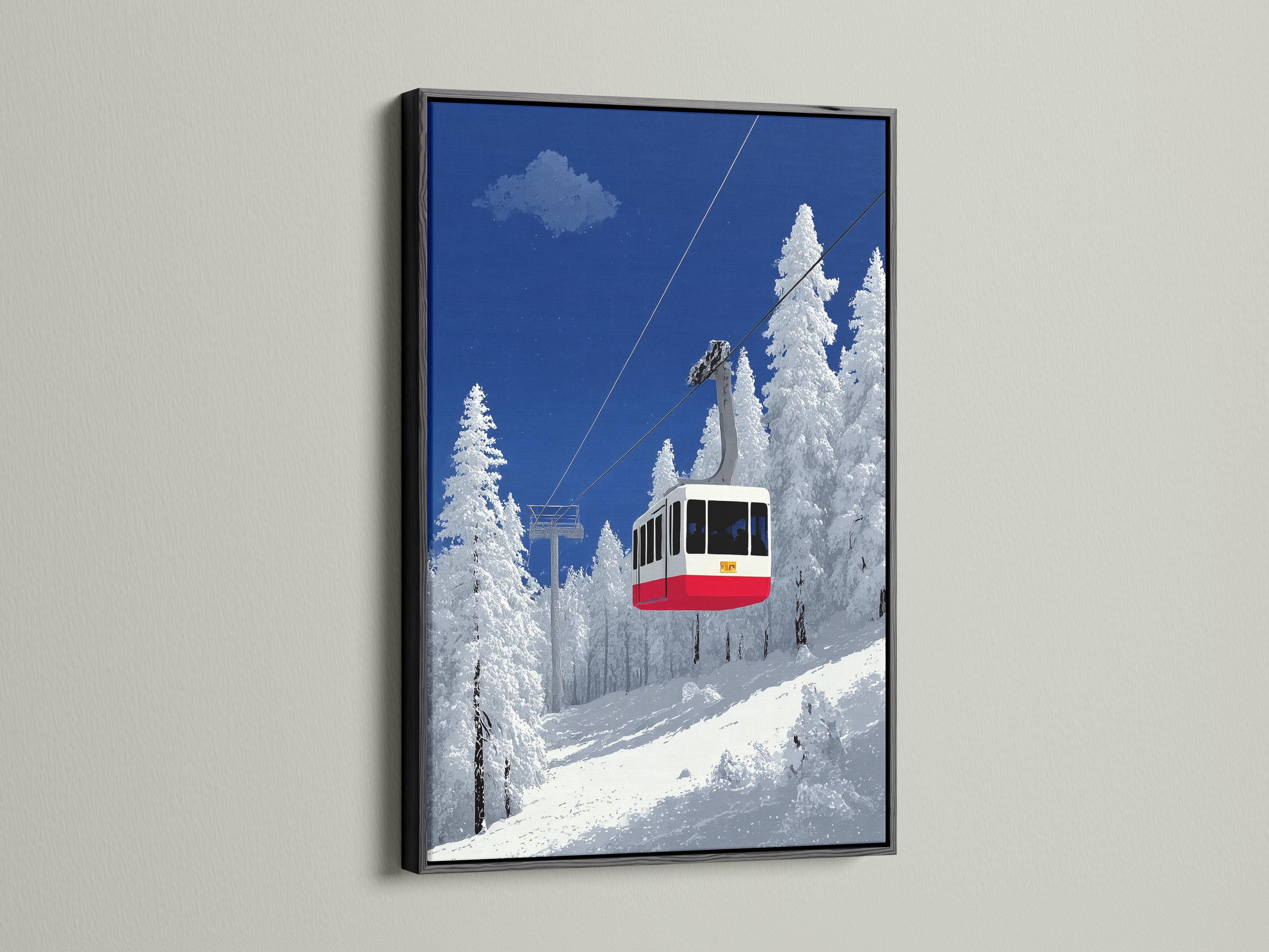 Snowy mountain cable car scene with diagonal cables, deep blue sky, pine trees and a red gondola detail view