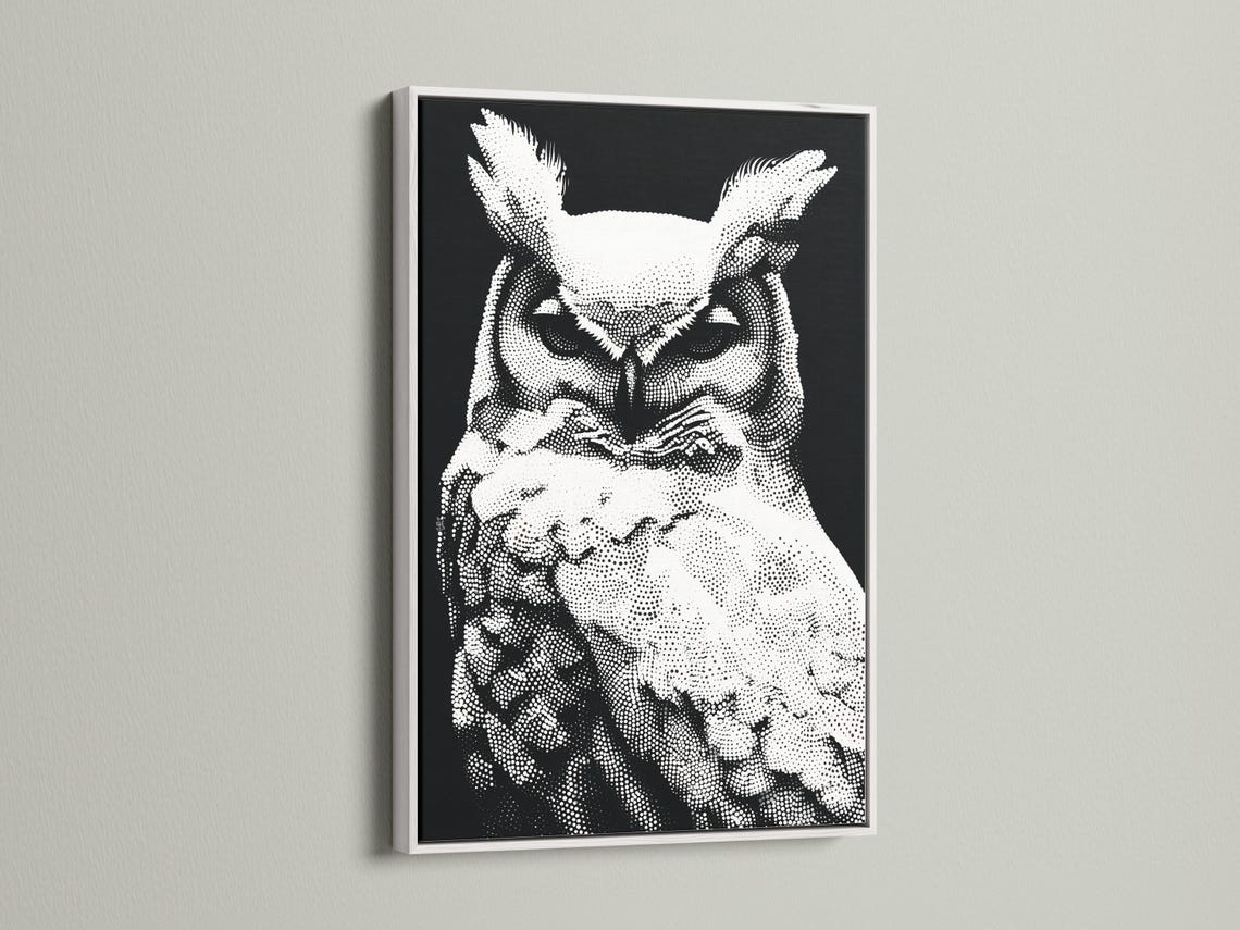 Black and white owl portrait made from dense dotted patterning detail view