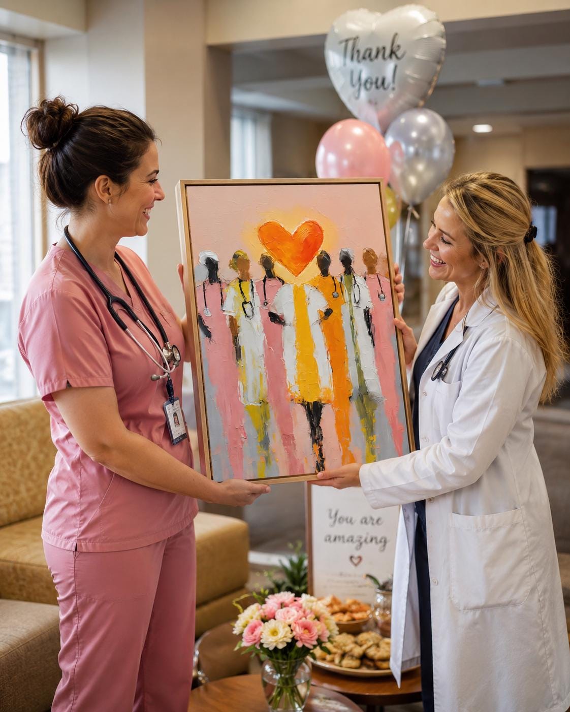 Orange heart above stylised healthcare worker figures on a pink painterly background detail view