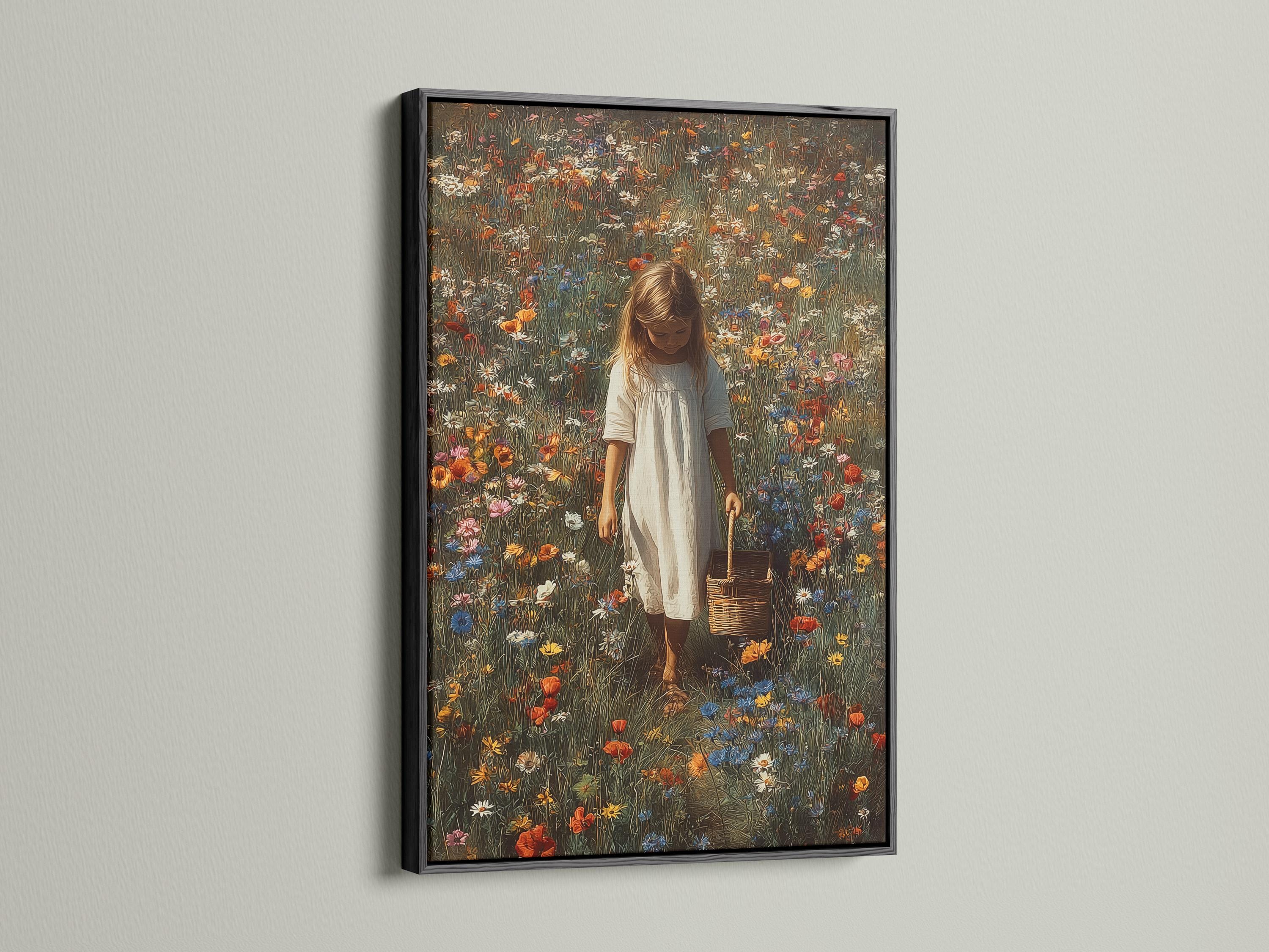 Painterly wildflower meadow scene with a young girl holding a basket and wearing a light dress detail view