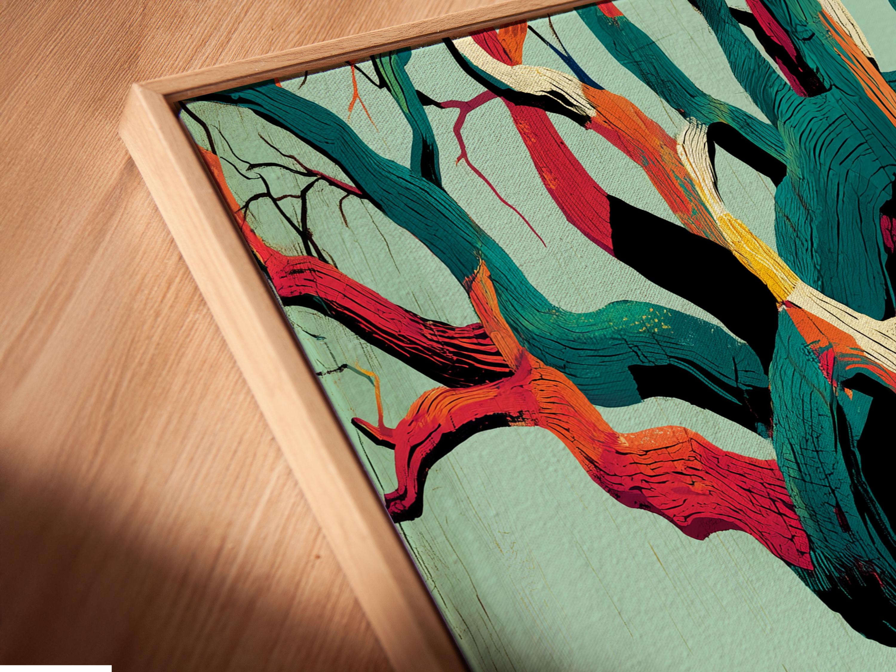 Stylised abstract tree with teal, orange and magenta branches on a pale mint background detail view