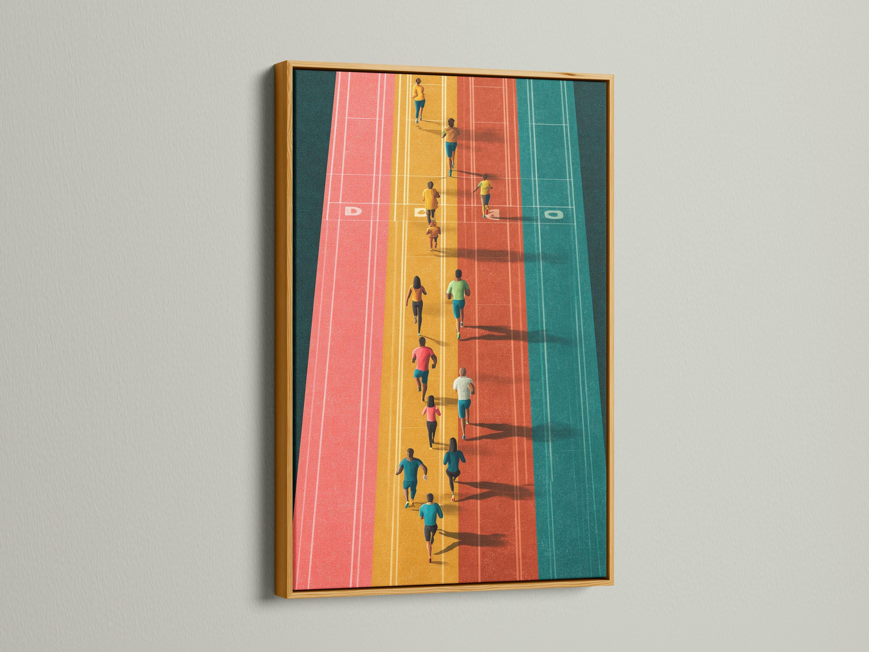 Room mockup showing framed aerial running track artwork with runners