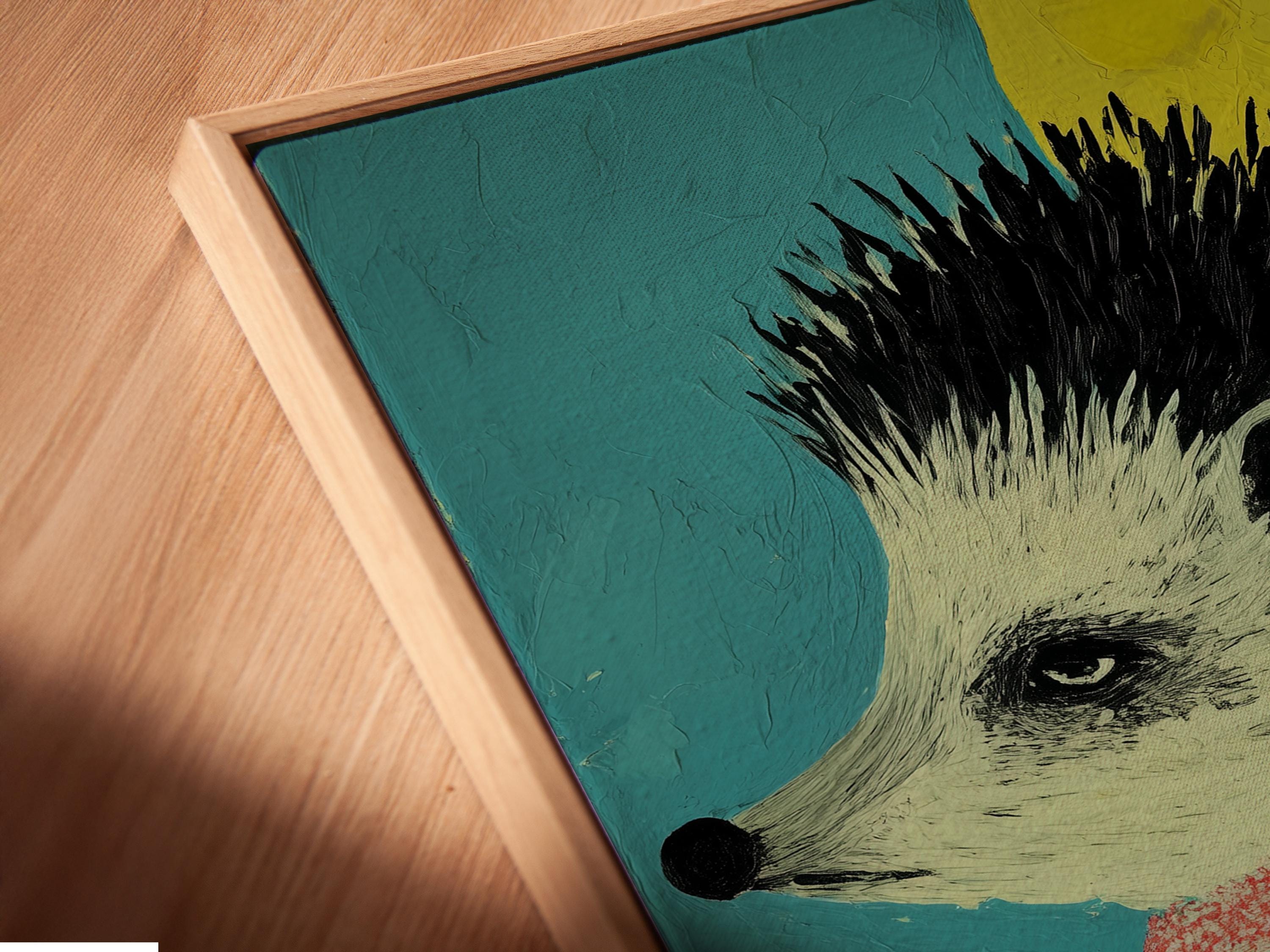 Cartoon hedgehog with a red jacket on a teal, yellow and red graphic background detail view