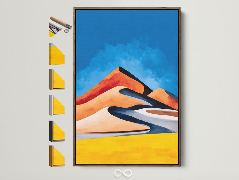 Stylised desert landscape with blue sky, orange dunes, dark navy shadows and golden yellow ground