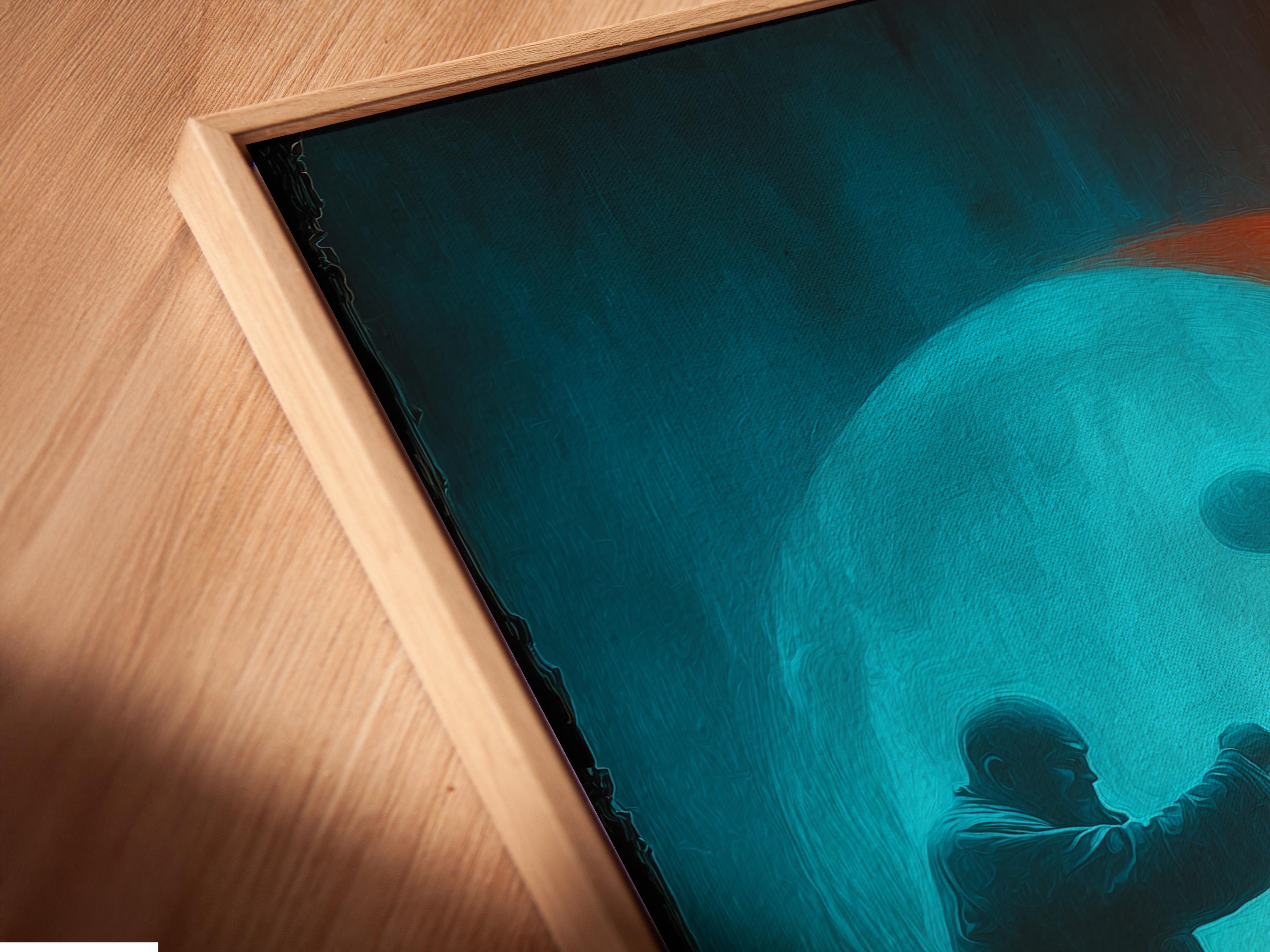Turquoise and orange yin-yang style artwork with two martial artists facing each other detail view