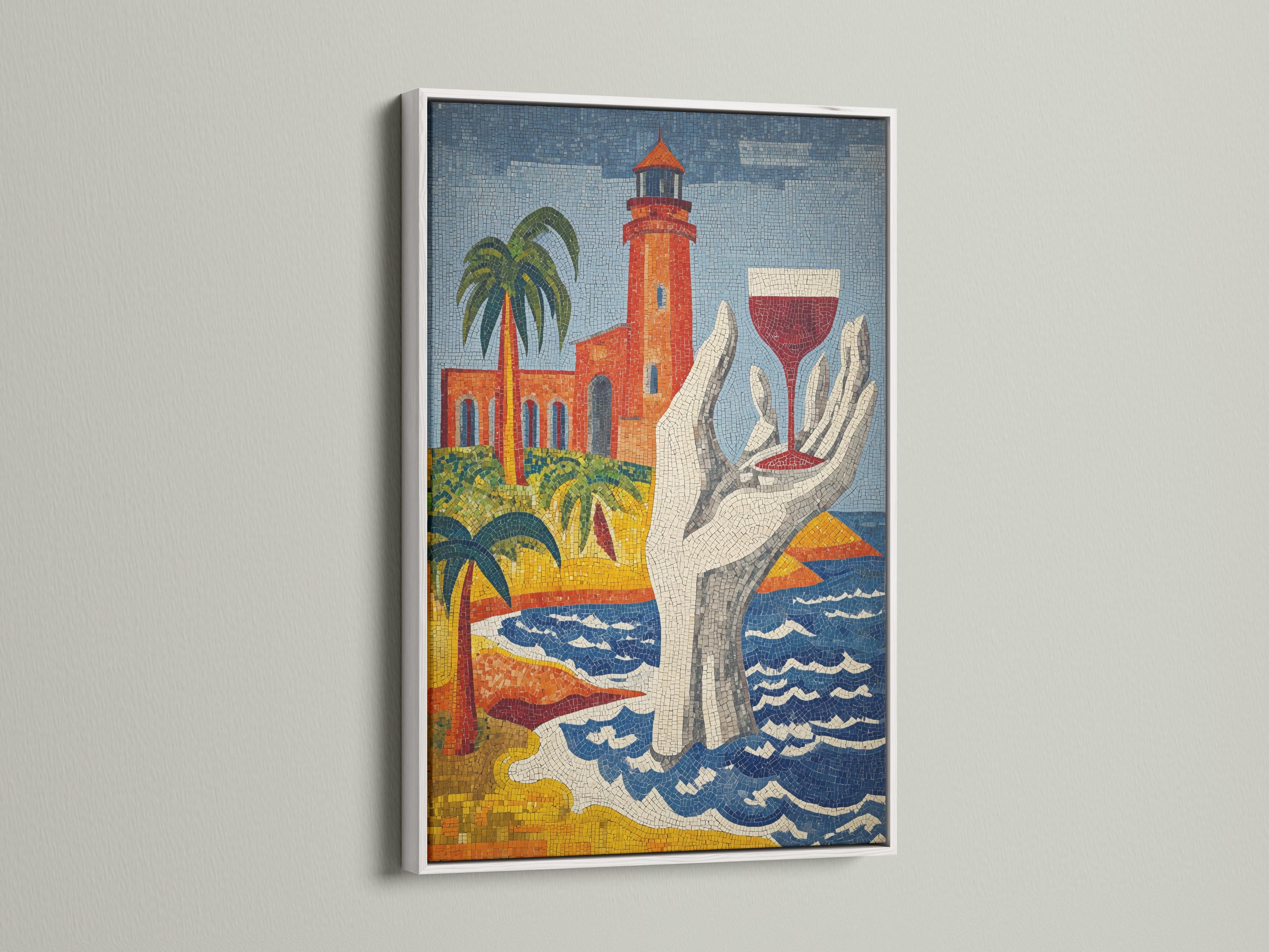 Mosaic lighthouse artwork with palm trees, a lifebuoy and blue wavy sea patterns detail view