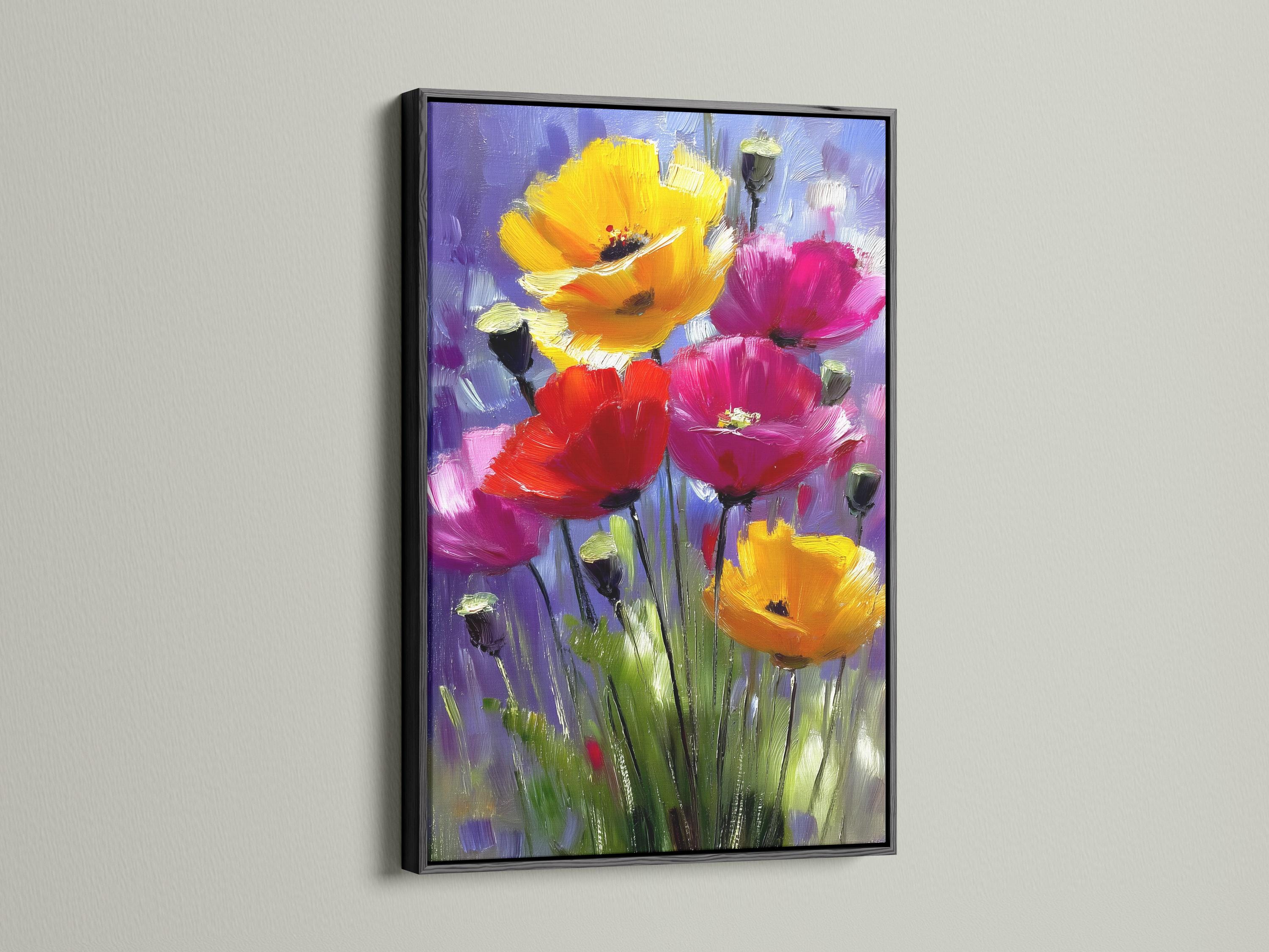 Painterly floral painting with purple, pink, red and yellow blooms and green stems detail view