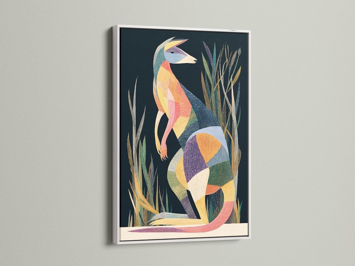 Wall mockup showing geometric kangaroo artwork in a framed design on a light wall