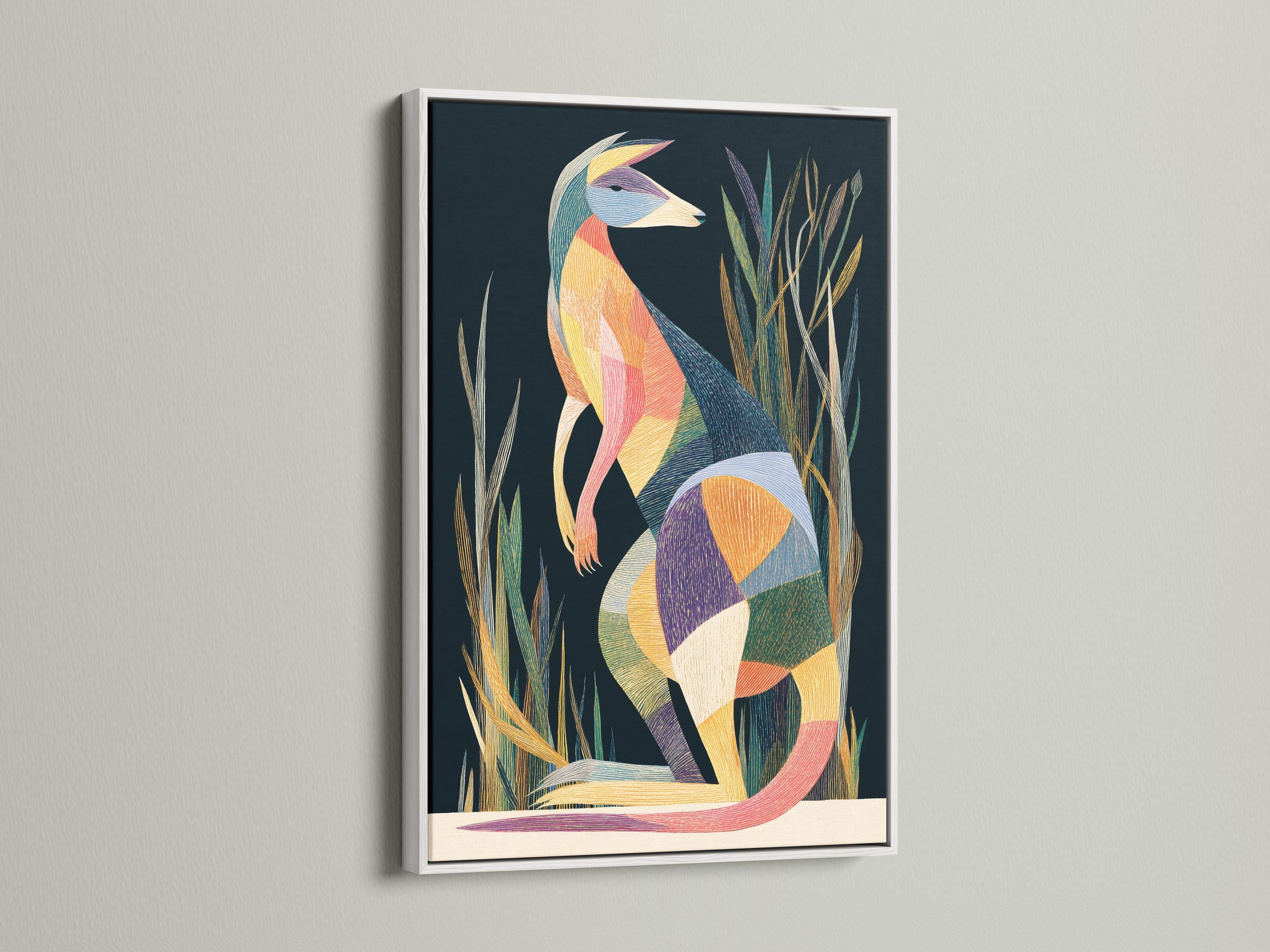 Wall mockup showing geometric kangaroo artwork in a framed design on a light wall