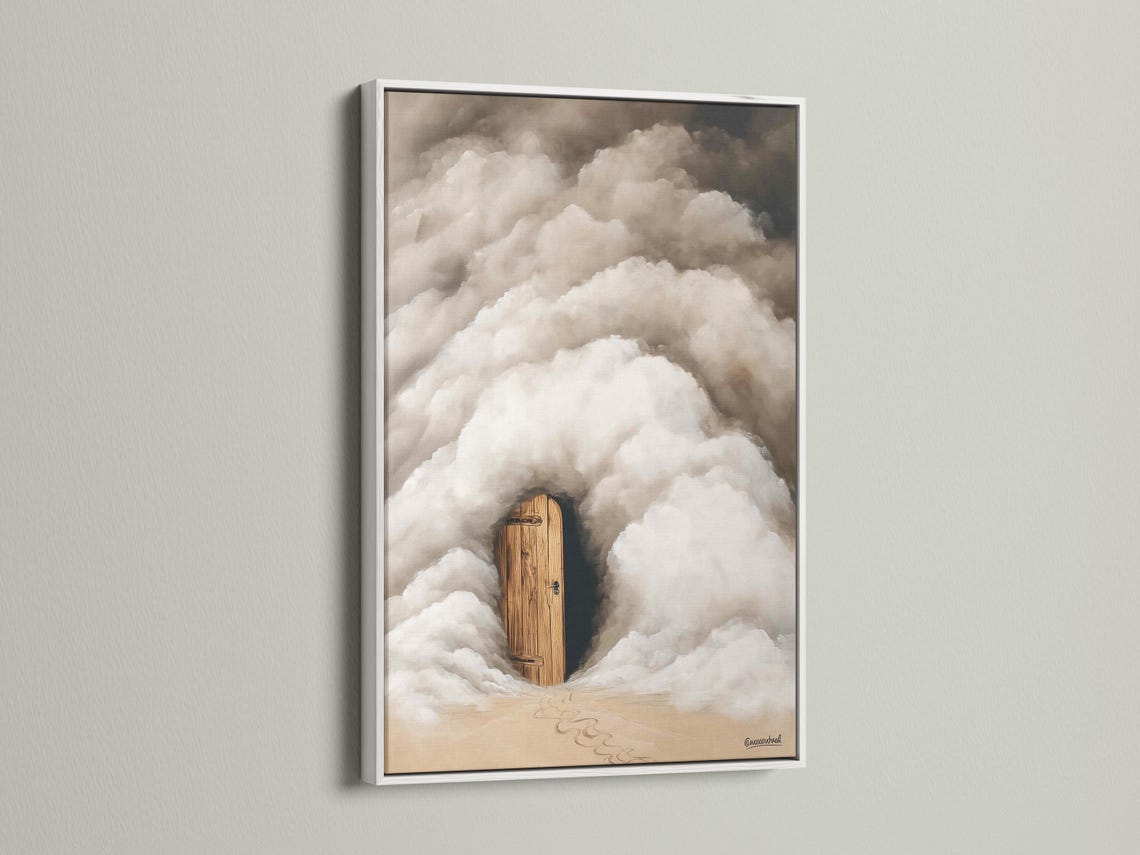 A wooden door emerges from soft grey and white clouds with warm beige ground beneath detail view