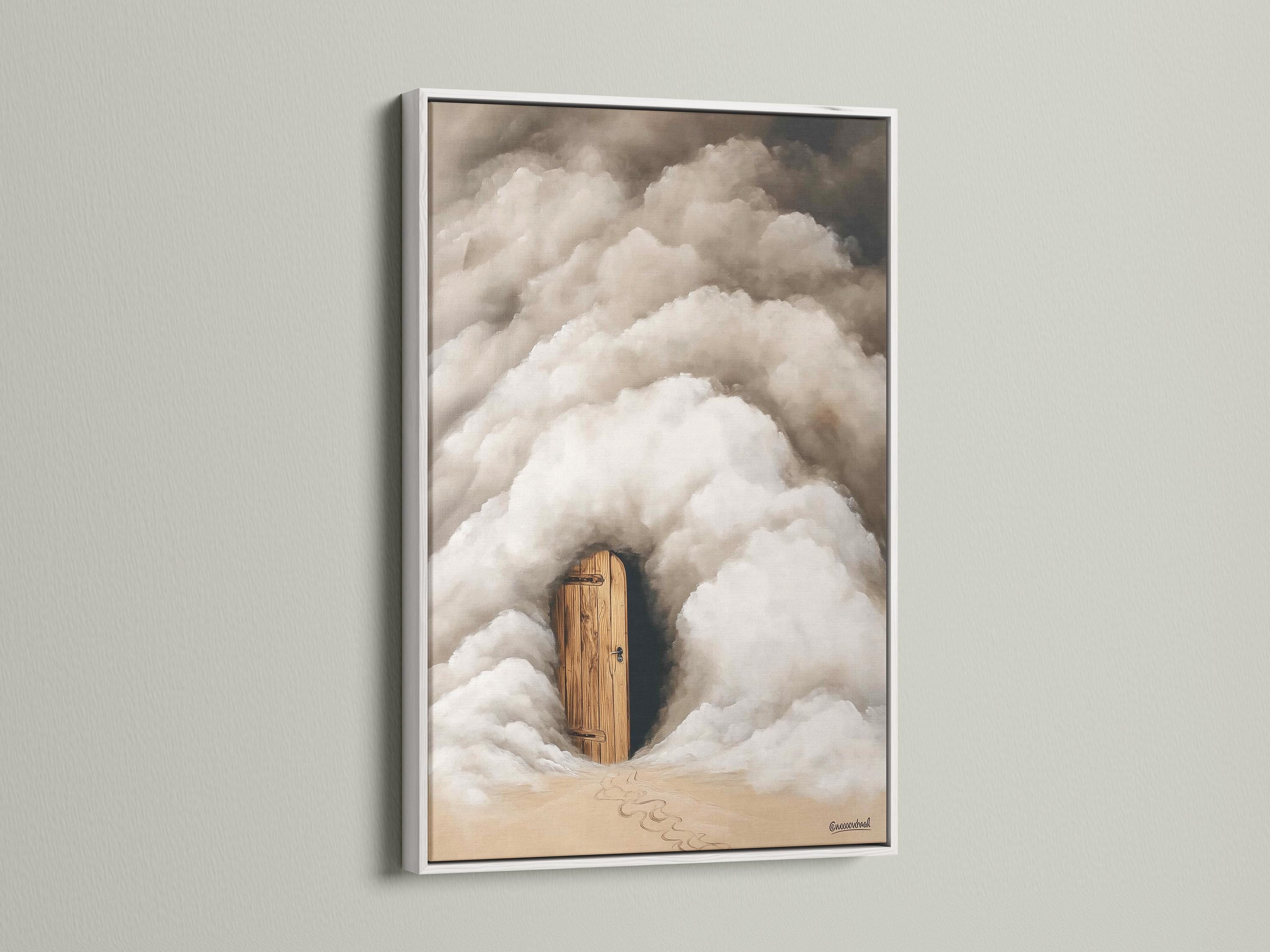 A wooden door emerges from soft grey and white clouds with warm beige ground beneath detail view