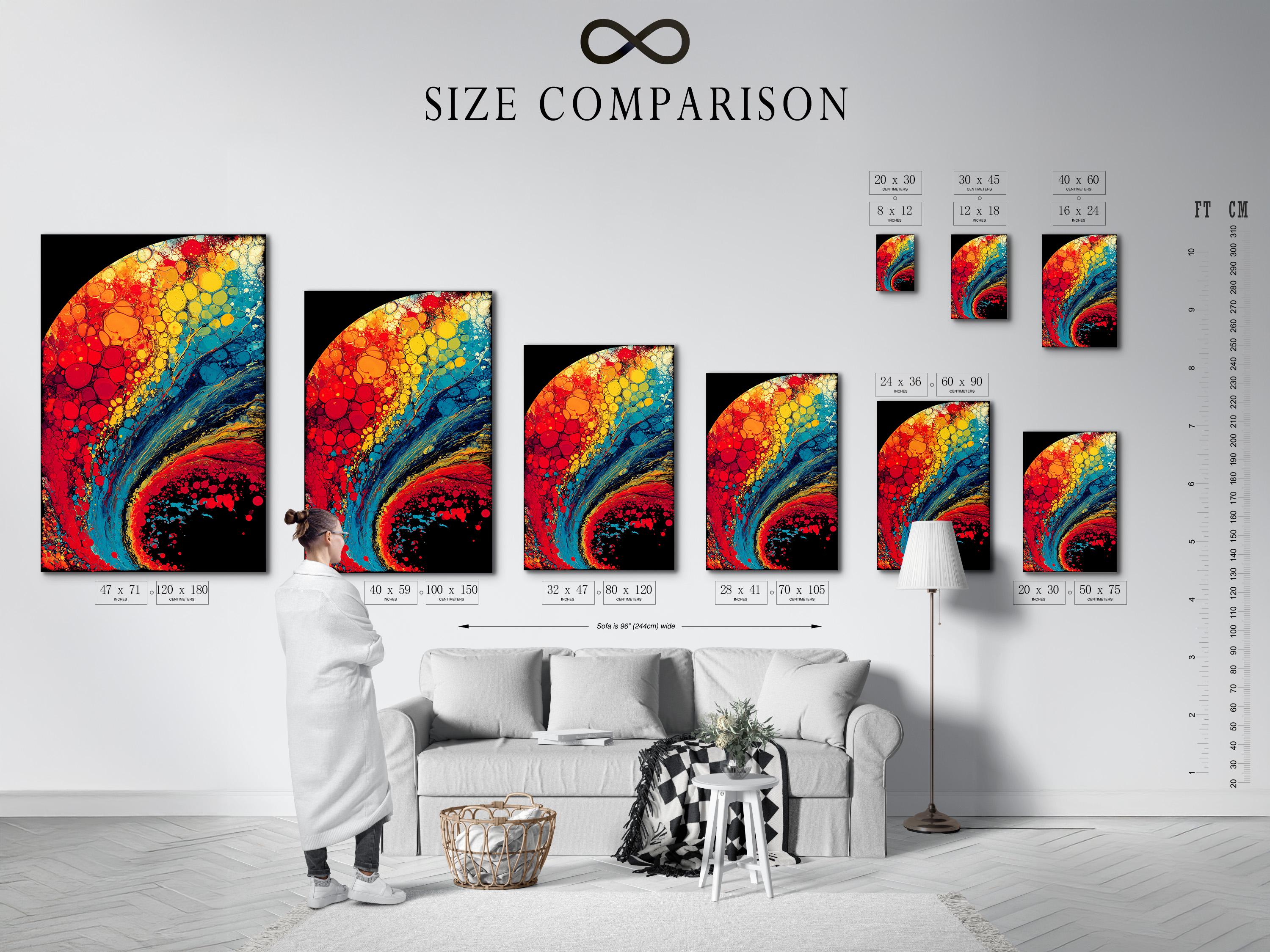 Abstract bubble artwork with red, yellow, aqua teal and dark black curved shapes detail view