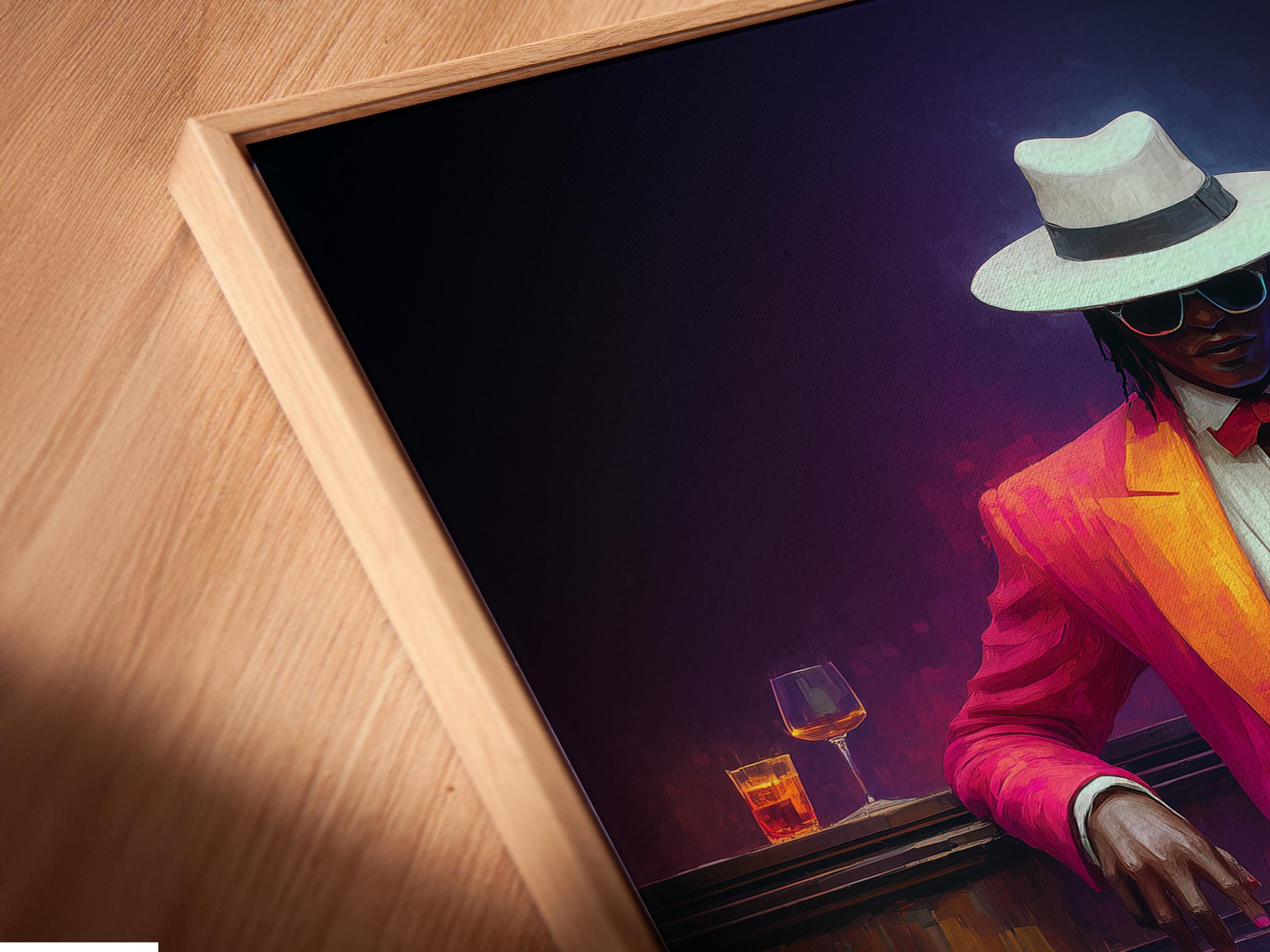 Neon-lit seated gentleman portrait in a hat with glowing wine glasses detail view