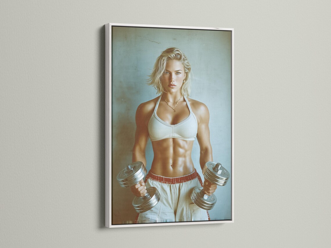 Room mockup showing a framed fitness portrait of a woman holding dumbbells on a teal background