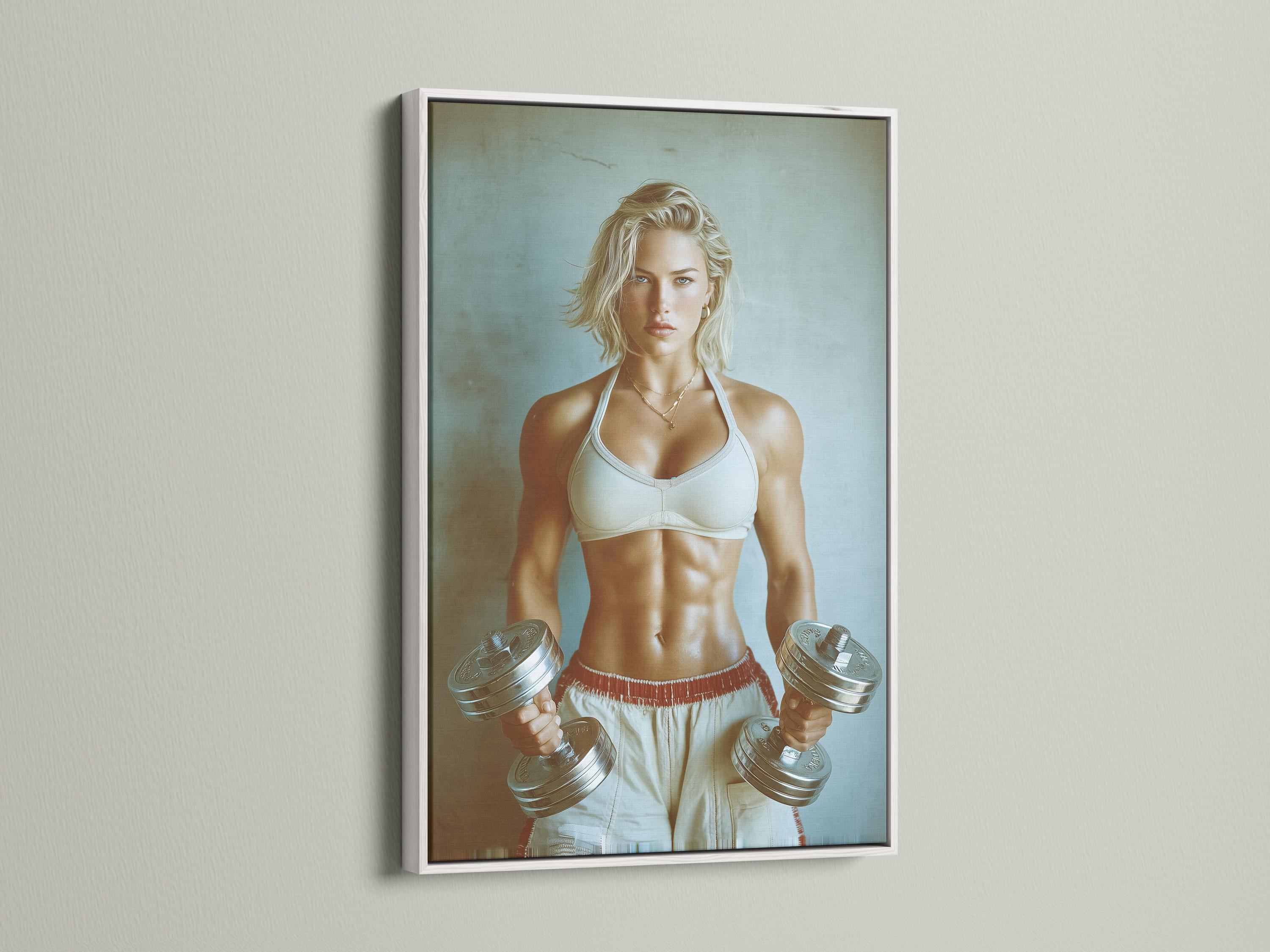 Room mockup showing a framed fitness portrait of a woman holding dumbbells on a teal background