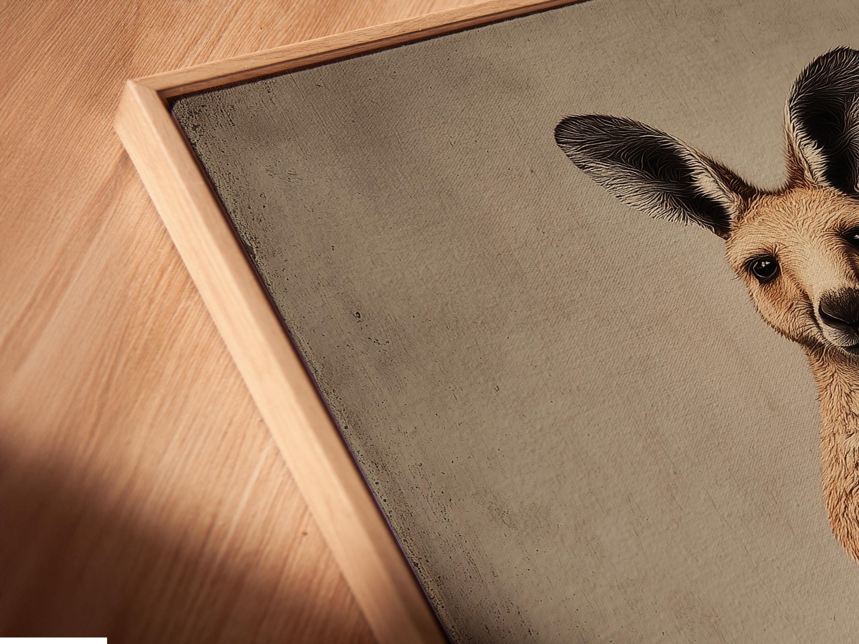 Room mockup showing a framed beige kangaroo mother and joey artwork