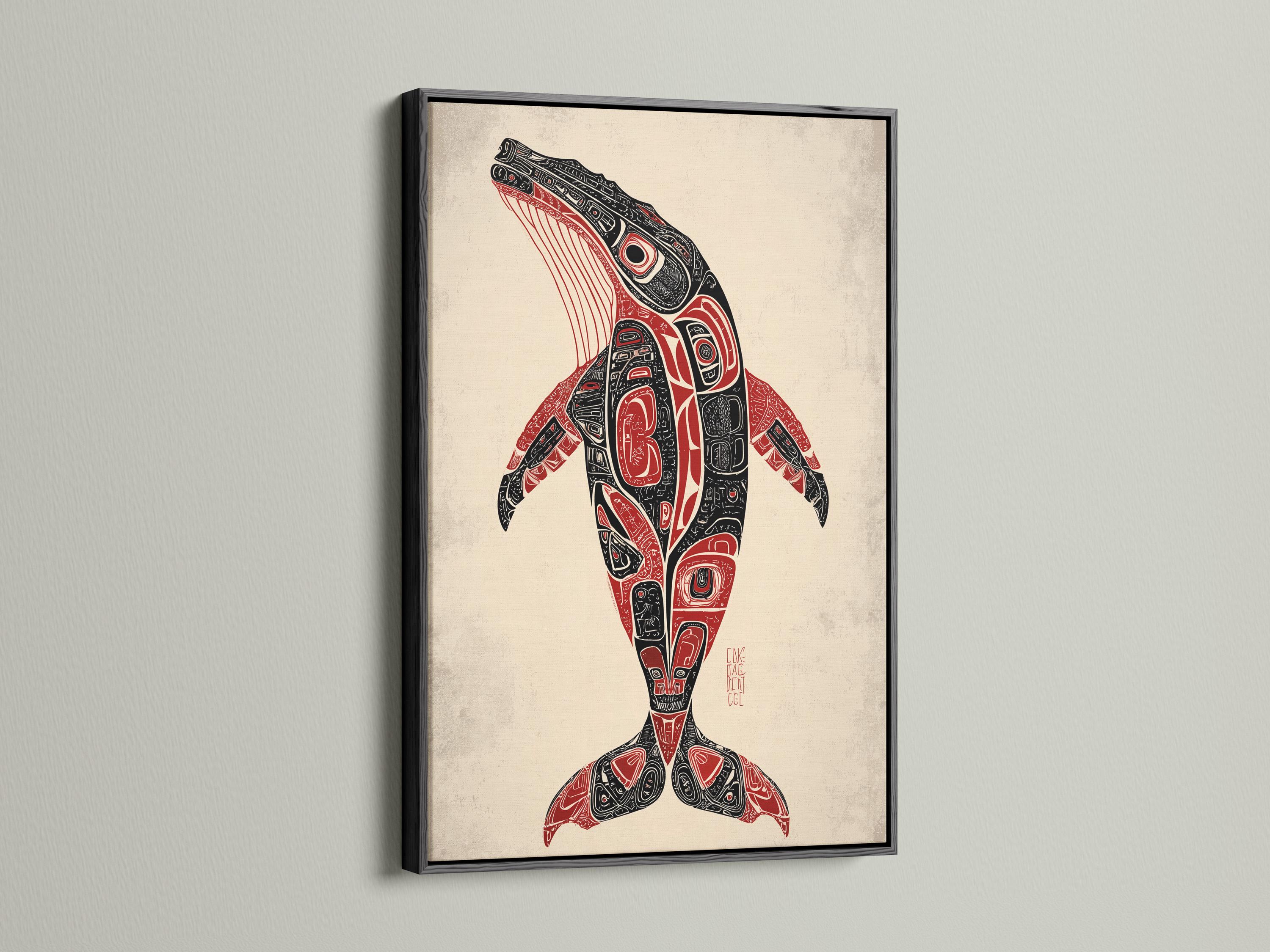 Man holding a mug beside a framed whale artwork in a rustic cabin setting
