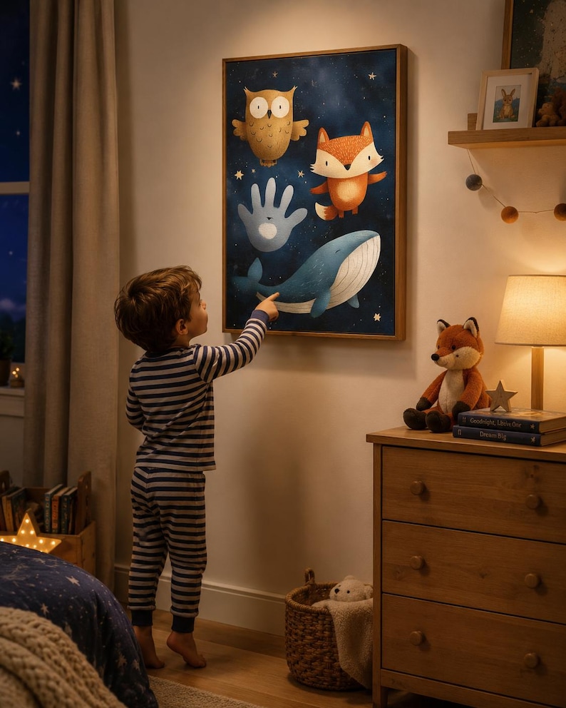 Illustrated whale, fox and owl in a navy starry-night scene with stars