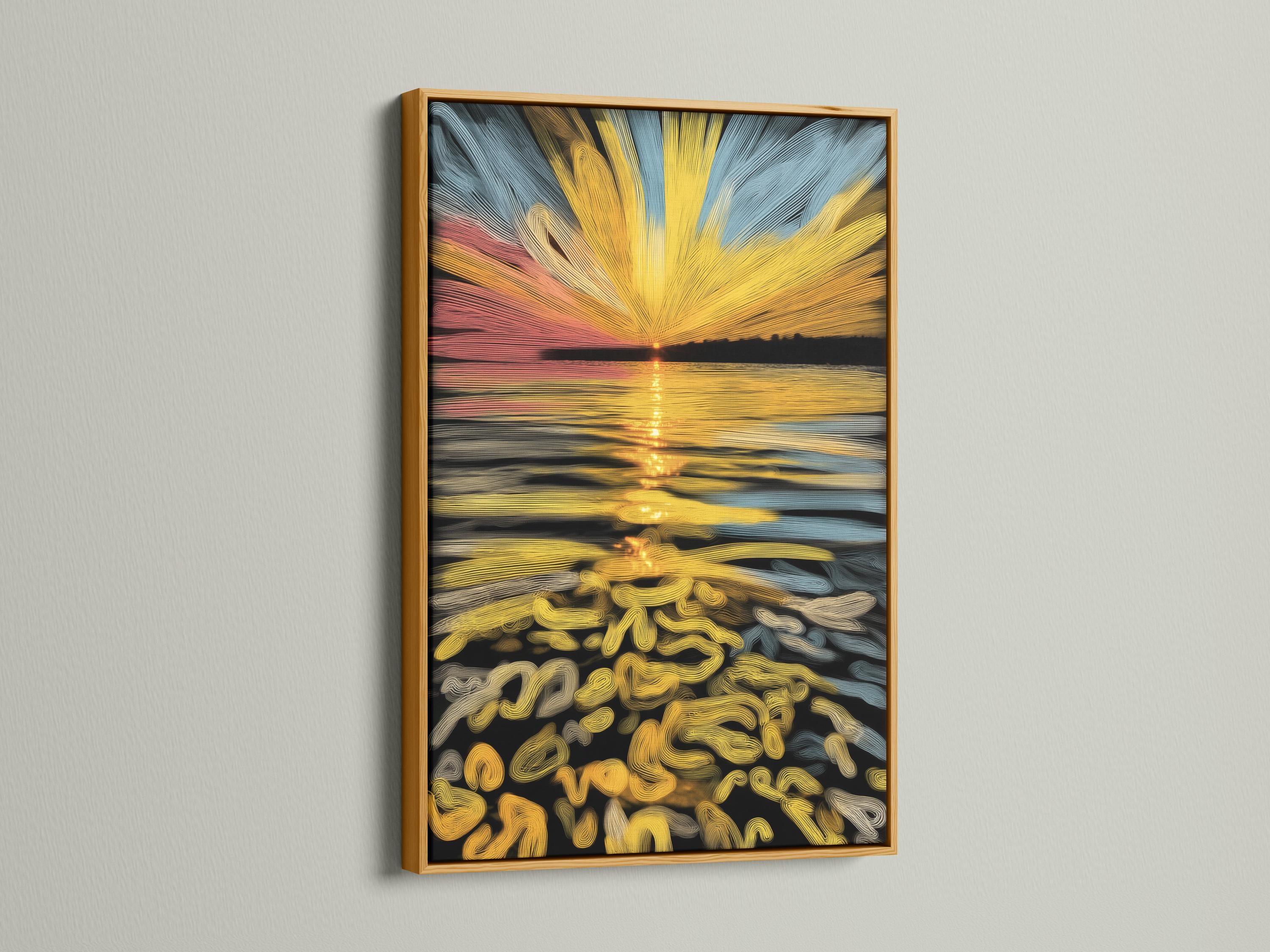 Abstract sunrise seascape with a golden sunburst over blue and peach horizon and shimmering wave reflections detail view