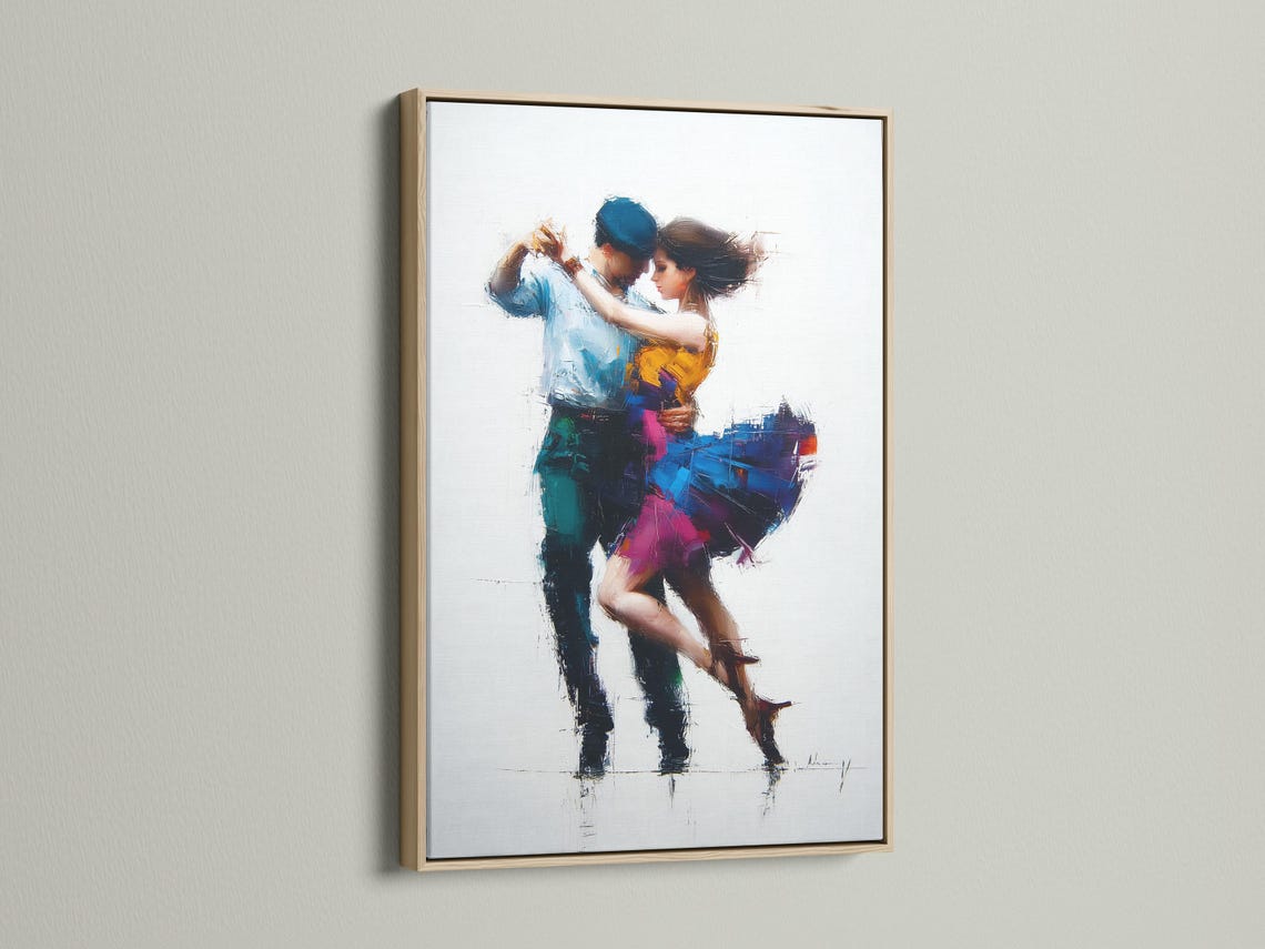 Framed wall artwork featuring a painterly tango couple in blue and gold