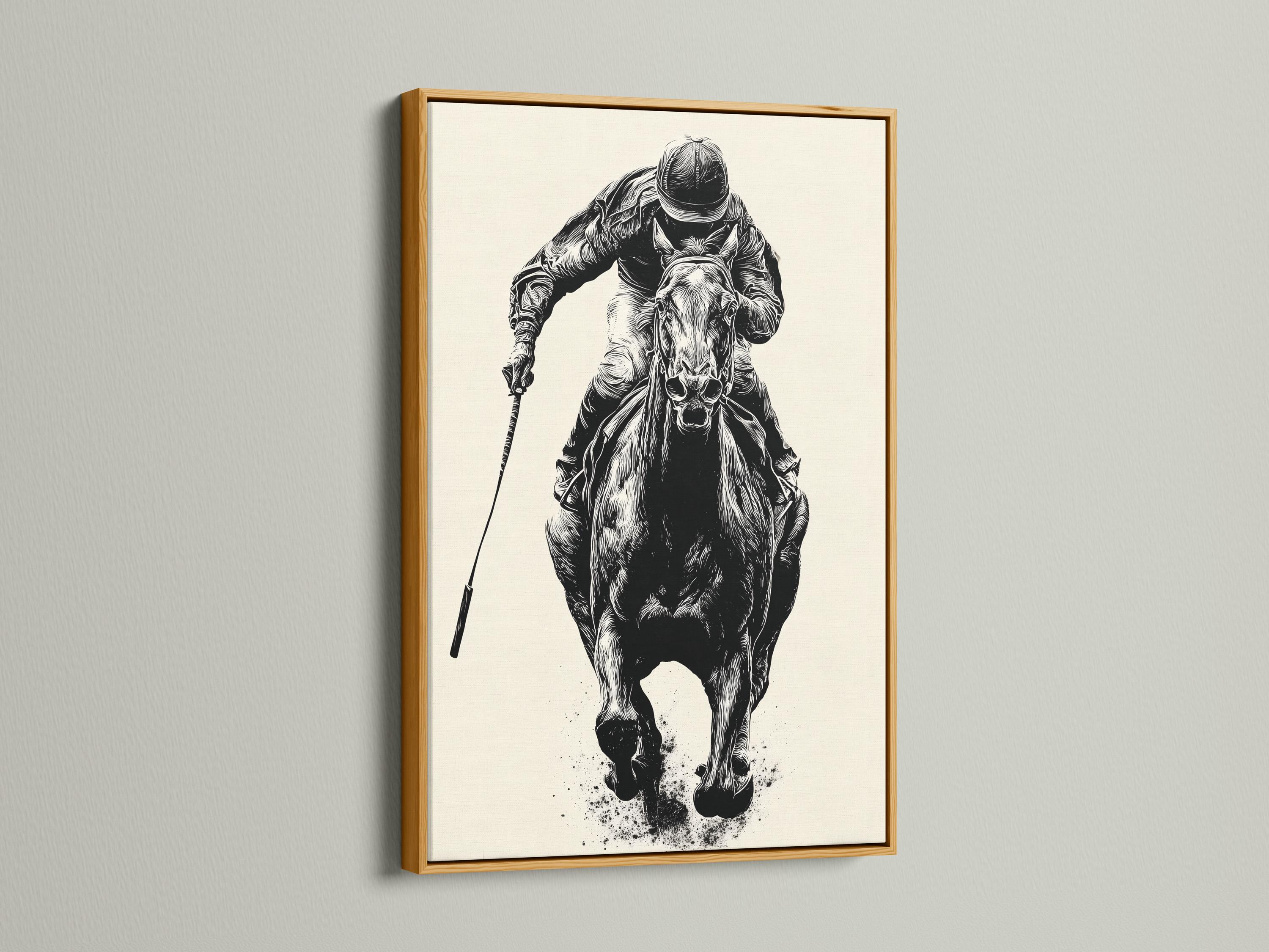 Mockup showing a framed black and white equestrian polo rider illustration