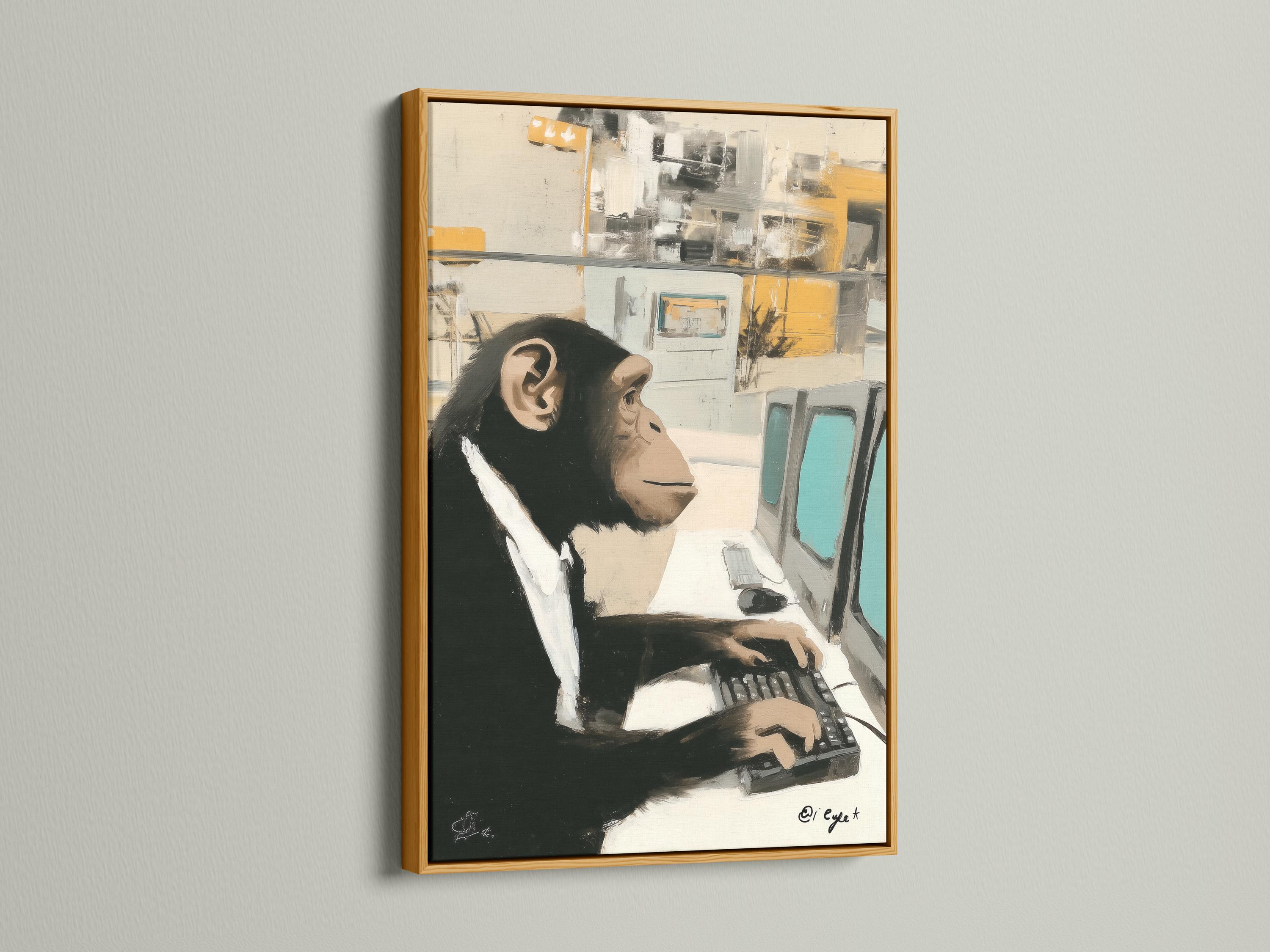 Painterly chimp in a white shirt typing at a desk with an abstract office background detail view