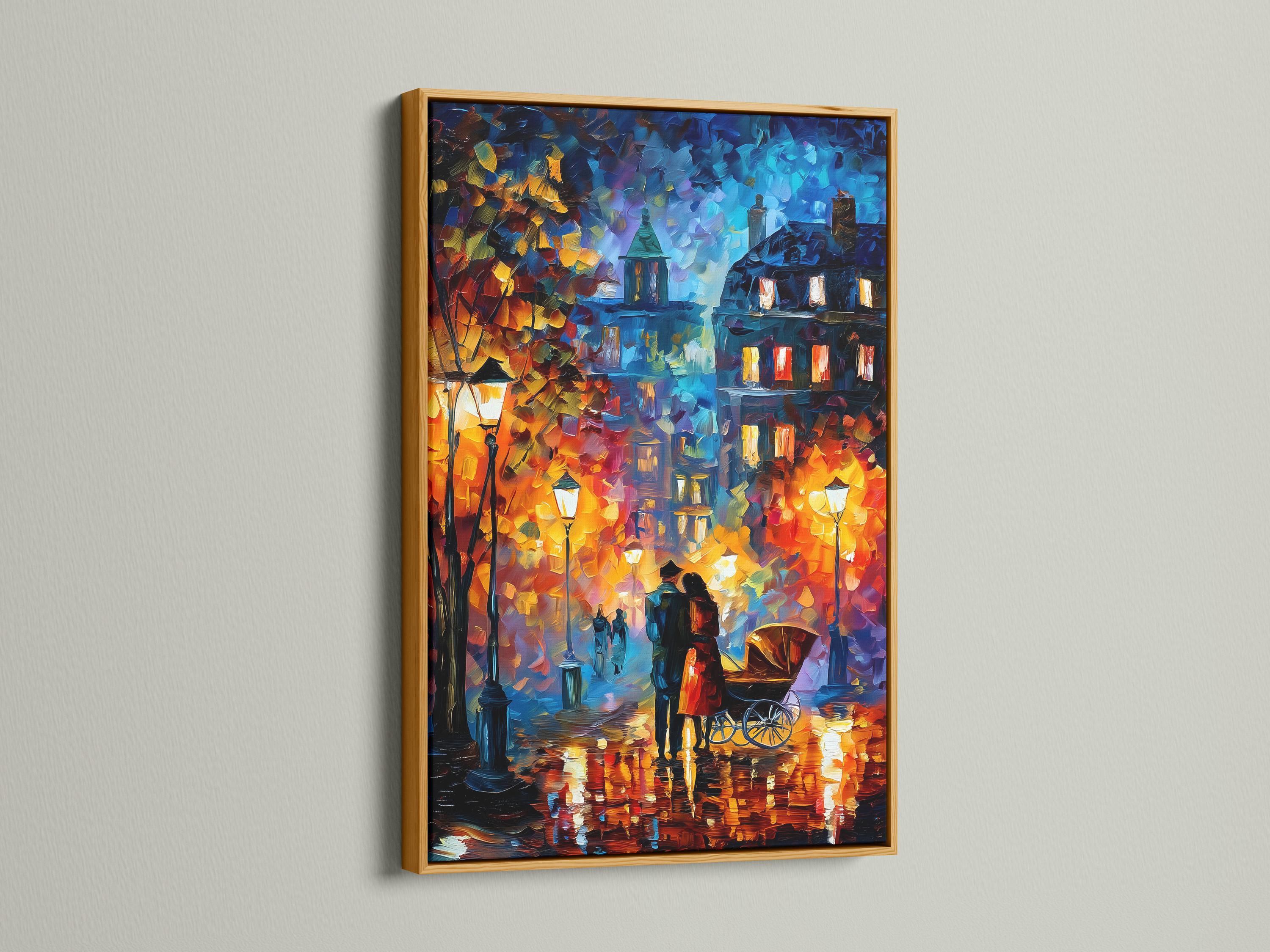 Room mockup showing a framed impressionist city street artwork on a wall