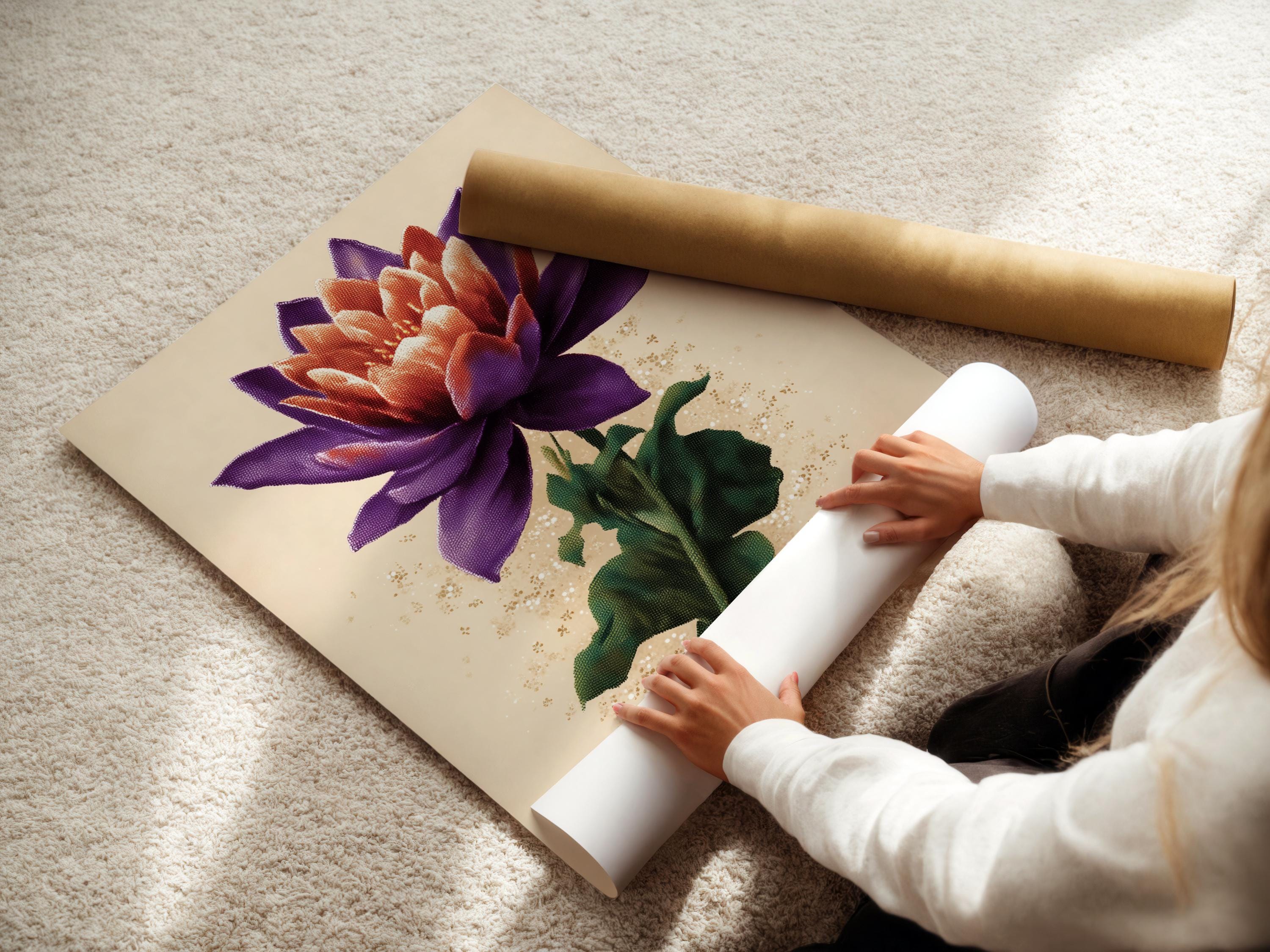Lotus flower botanical artwork with purple petals, green leaves and gold speckles on a cream background detail view