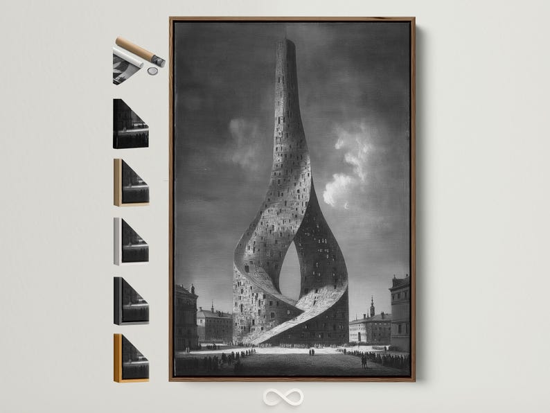 A monochrome cityscape shows a towering building formed into a surreal twisting ribbon shape with small crowds and dark skyline blocks