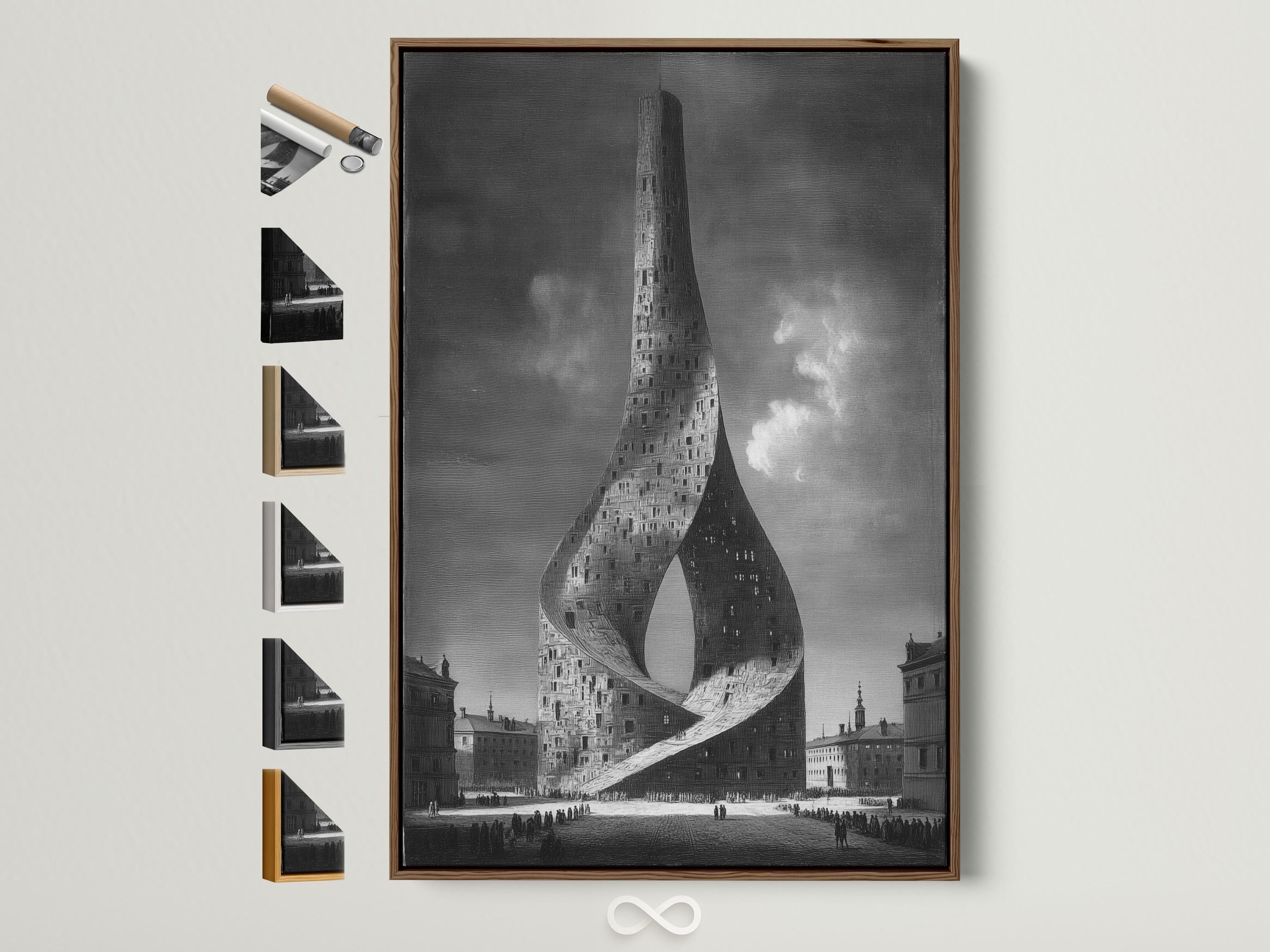 A monochrome cityscape shows a towering building formed into a surreal twisting ribbon shape with small crowds and dark skyline blocks