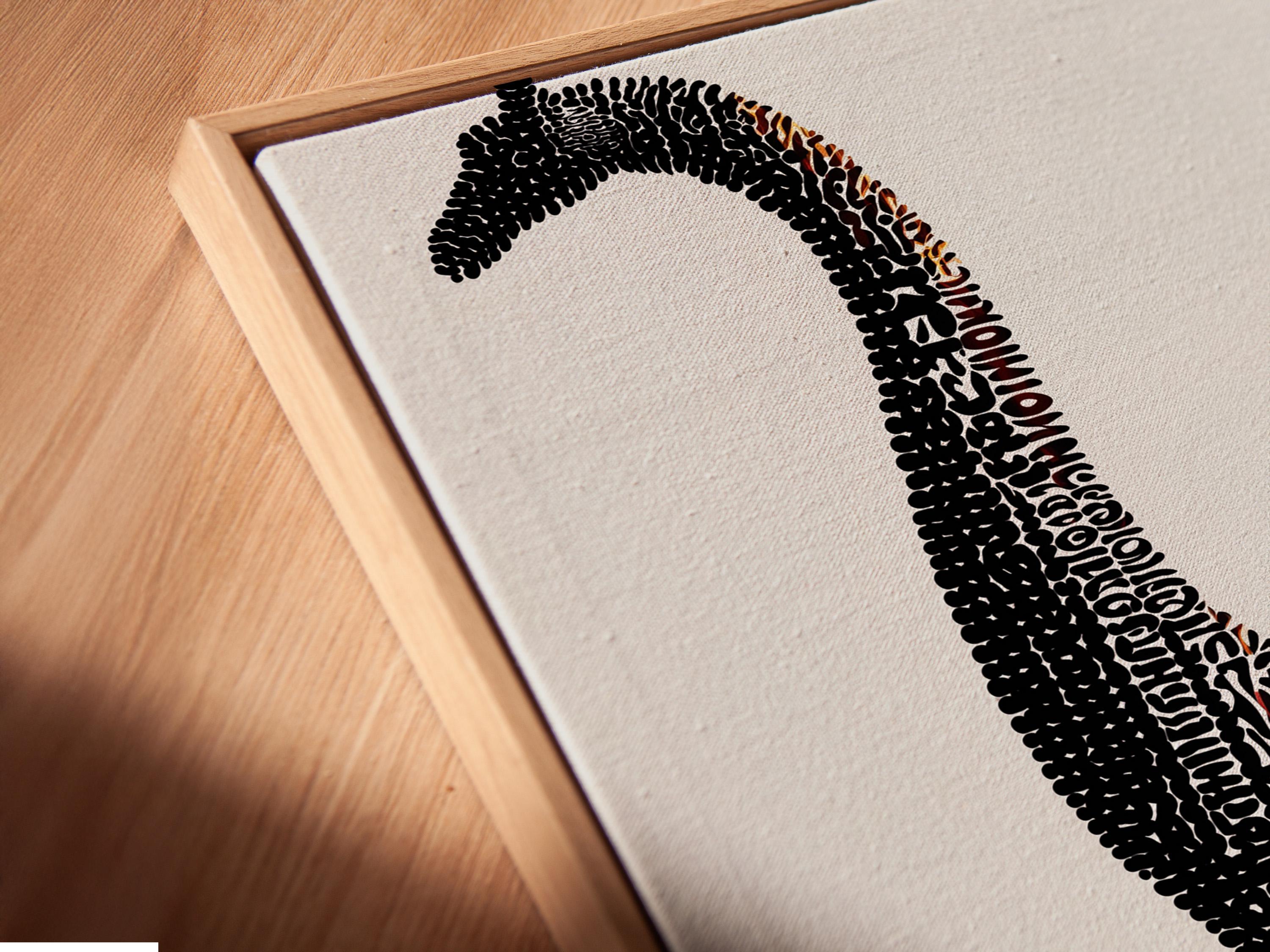 Brontosaurus silhouette made of dense black dots with small terracotta accents on a light background detail view